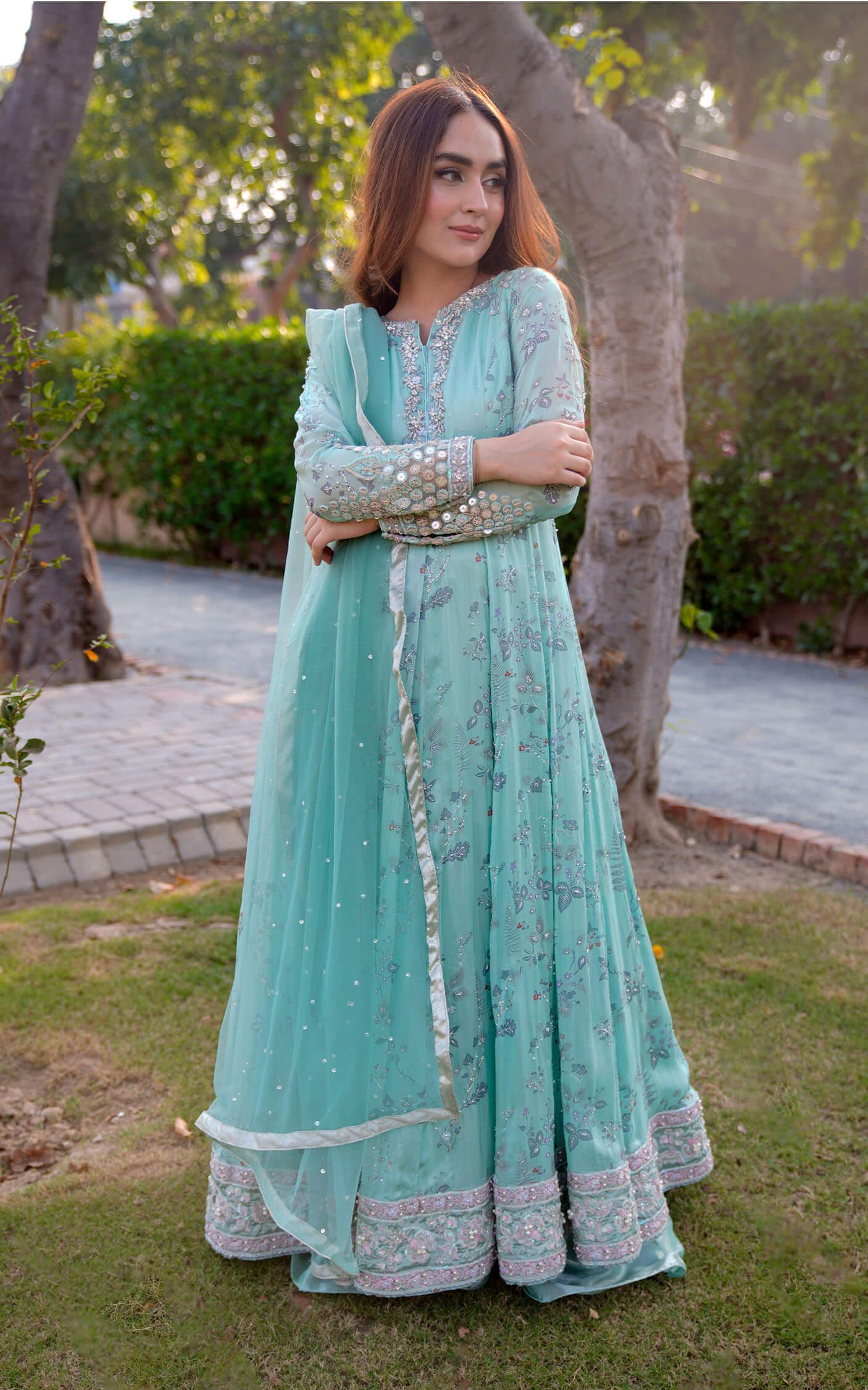 Aqua Green Embroidered Silk Pishwas Dress (3-Piece) - Image 5
