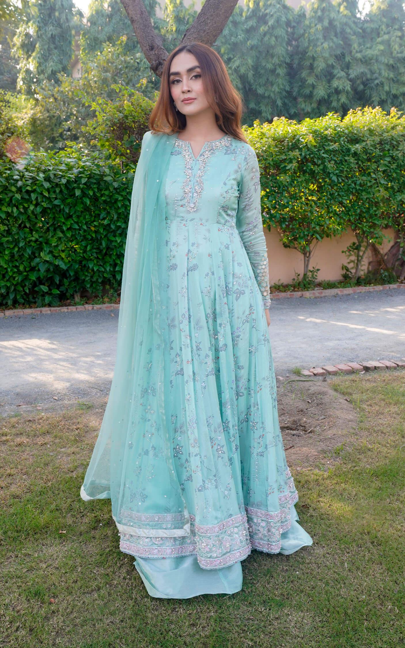 Aqua Green Embroidered Silk Pishwas Dress (3-Piece) - Image 6