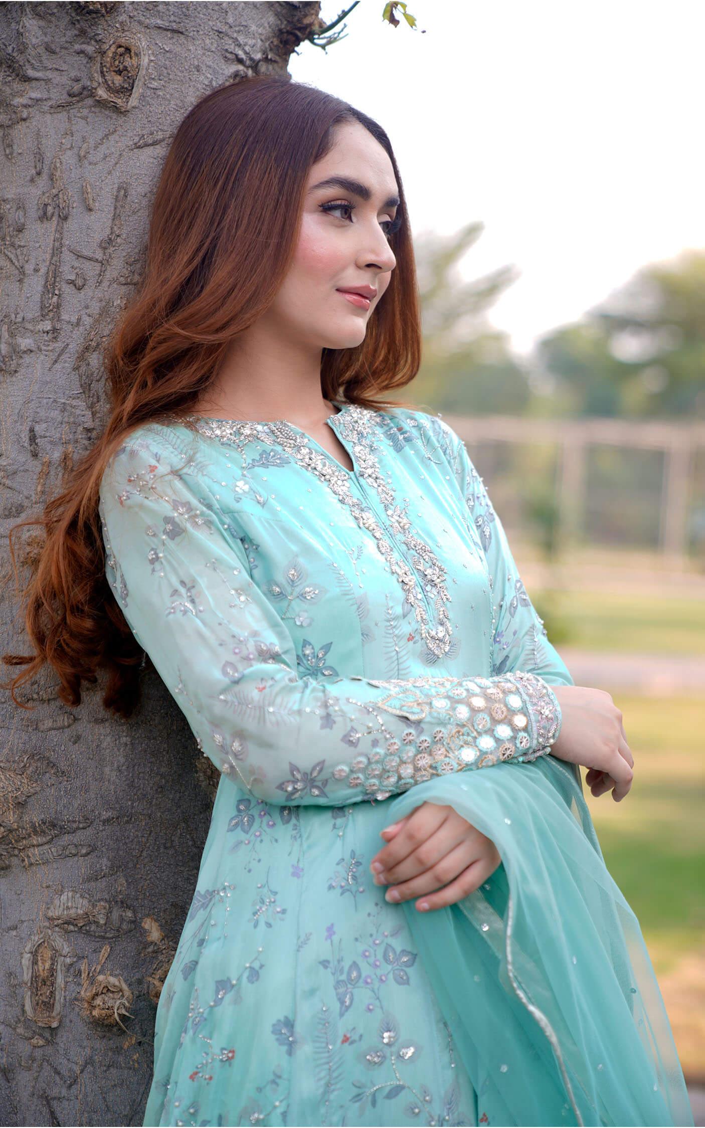 Aqua Green Embroidered Silk Pishwas Dress (3-Piece) - Image 7