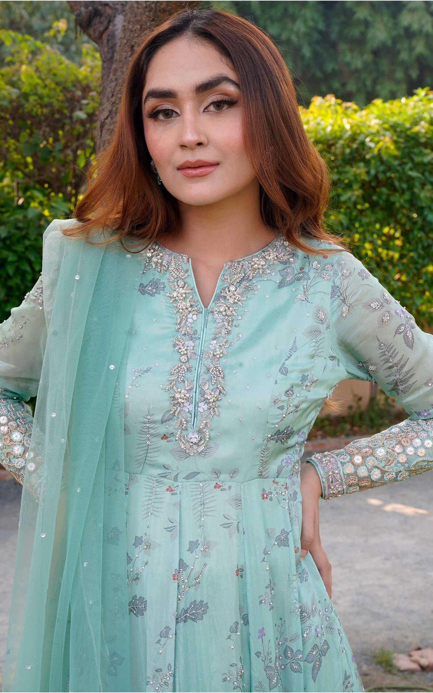 Aqua Green Embroidered Silk Pishwas Dress (3-Piece) - Image 8
