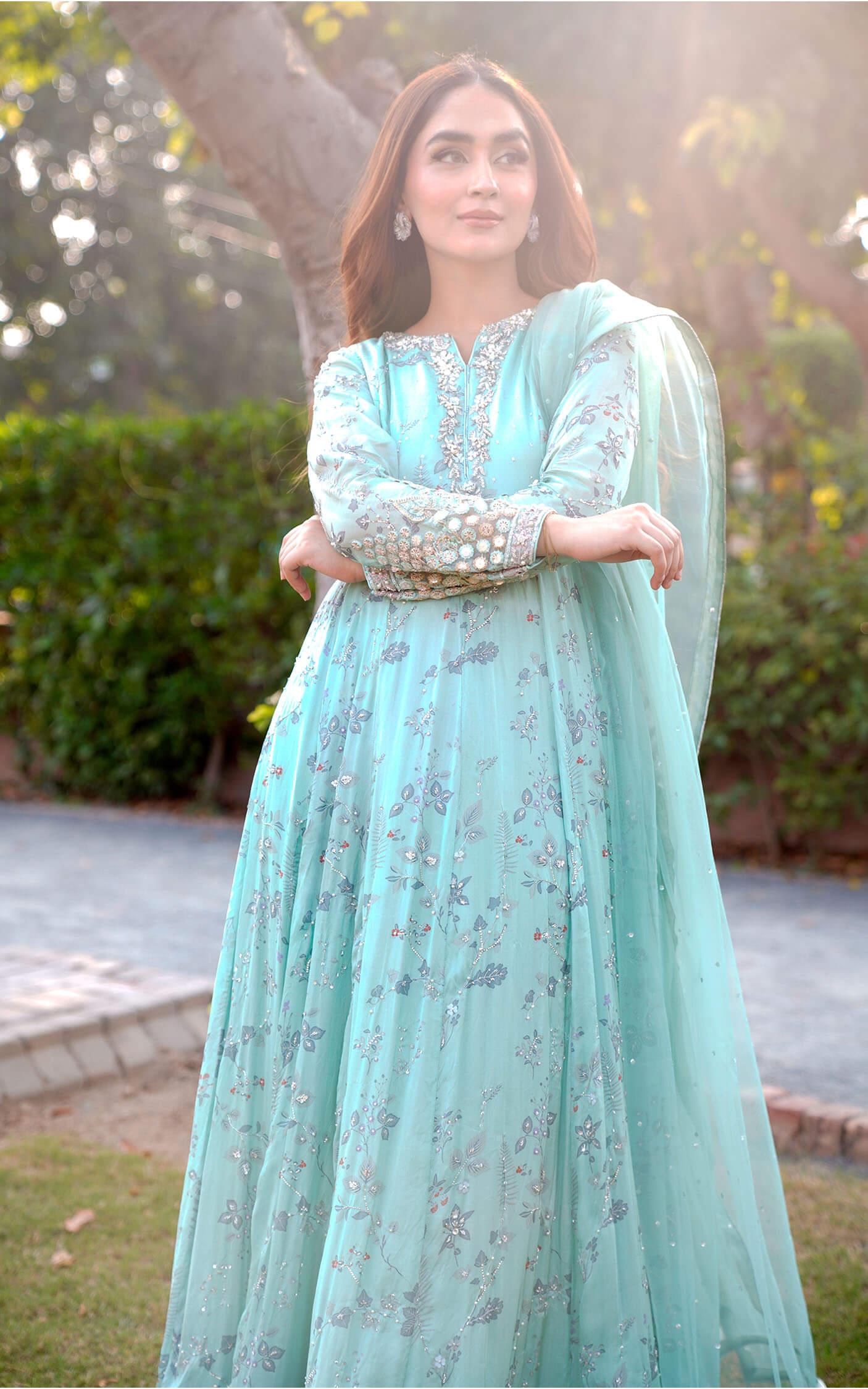 Aqua Green Embroidered Silk Pishwas Dress (3-Piece) - Image 9