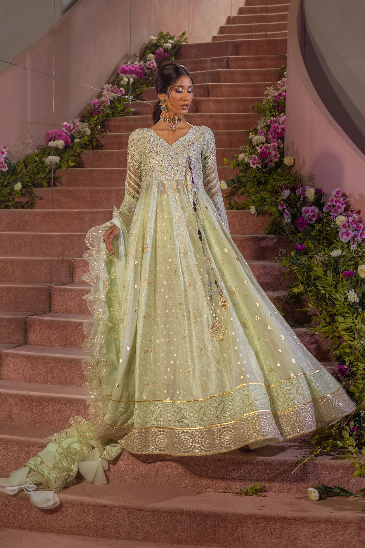 Mint Green Mirror & Zardozi Silk Pishwas (2-Piece) - Image 1