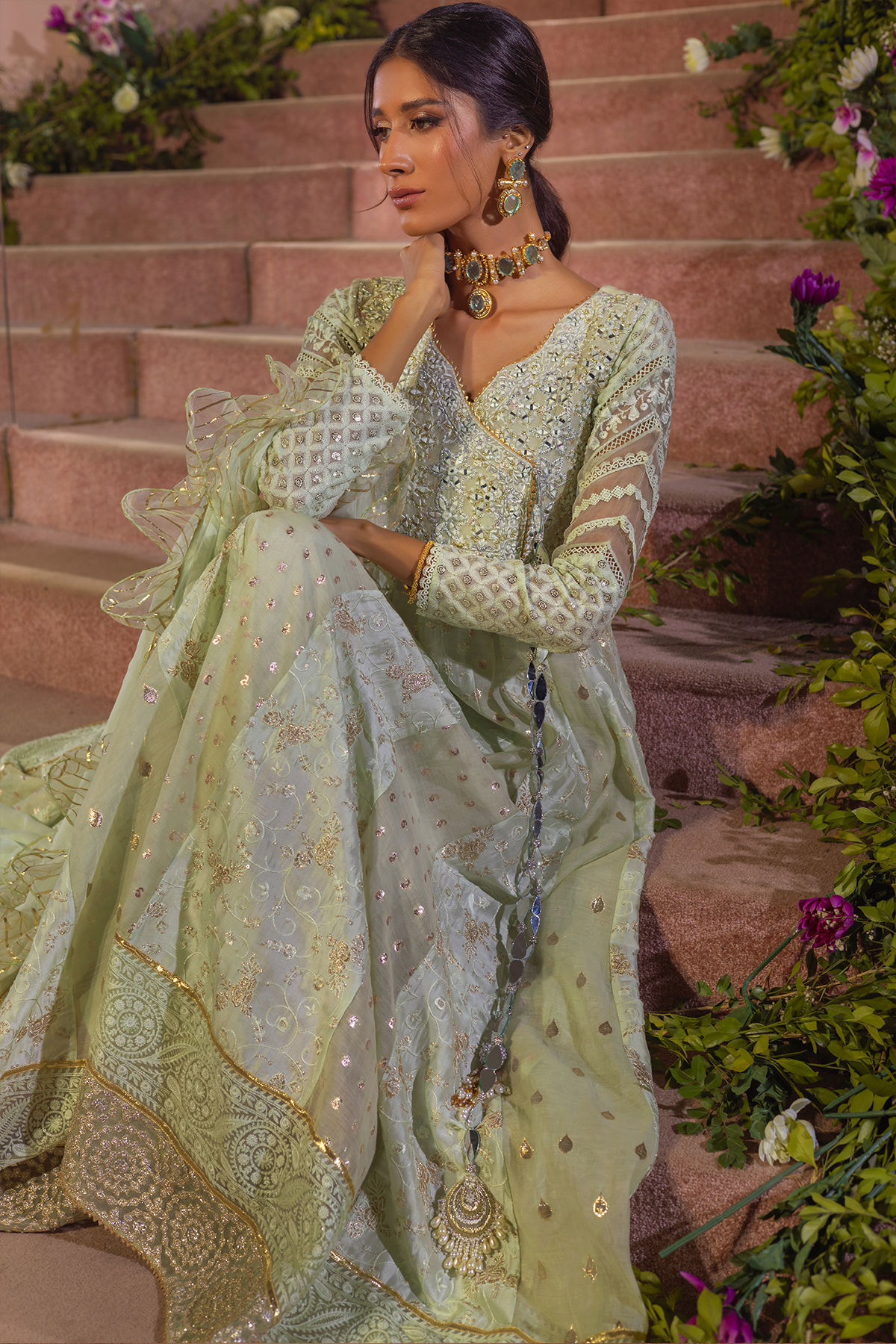 Mint Green Mirror & Zardozi Silk Pishwas (2-Piece) - Image 2