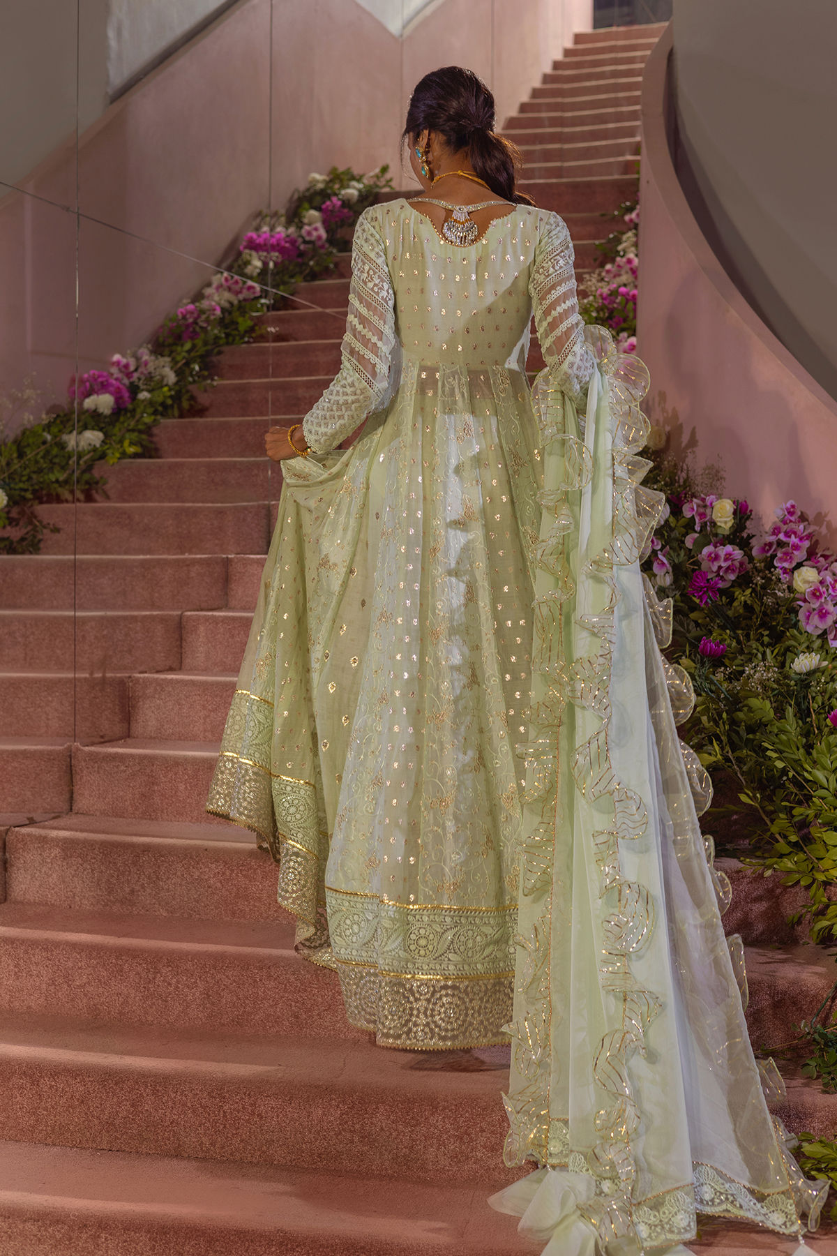 Mint Green Mirror & Zardozi Silk Pishwas (2-Piece) - Image 4