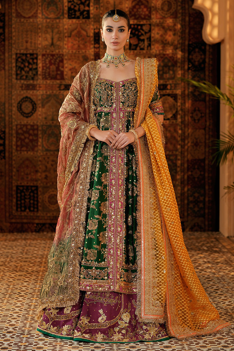 Pakistani Bottle Green & Magenta Handworked Silk Pishwas (3-Piece) - Image 1