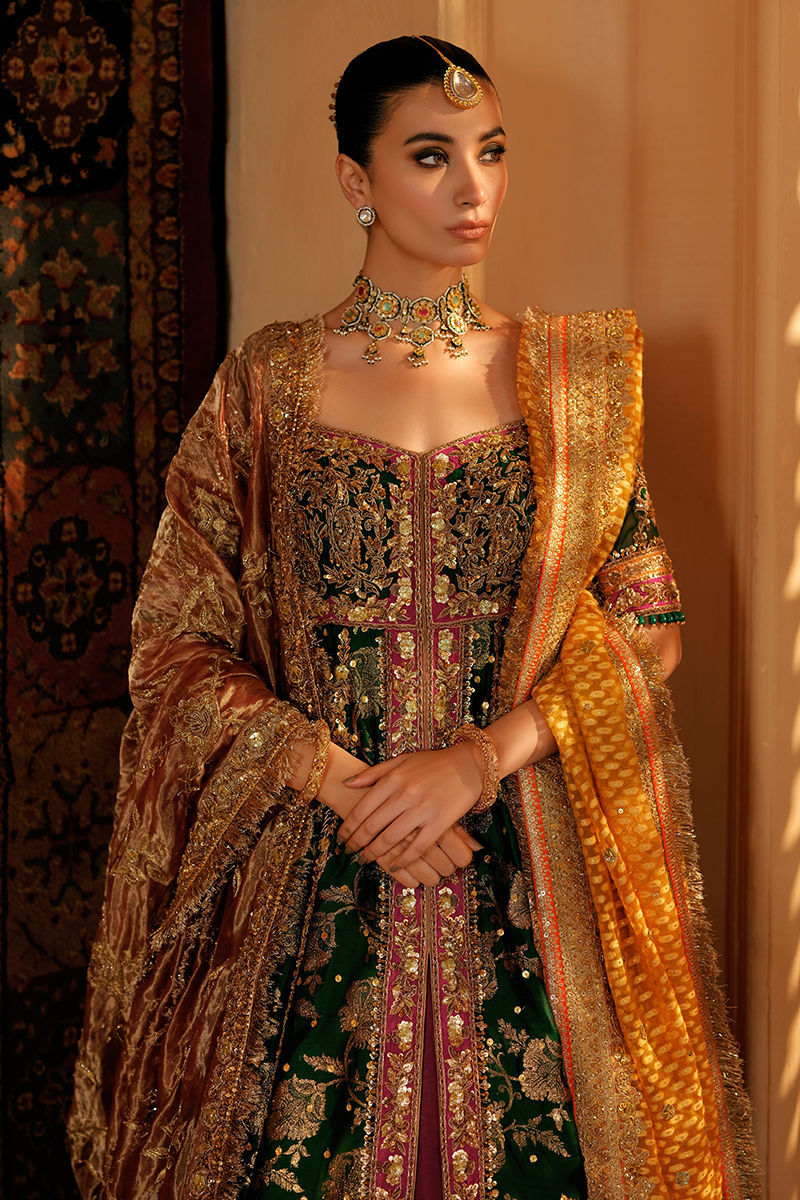 Pakistani Bottle Green & Magenta Handworked Silk Pishwas (3-Piece) - Image 2