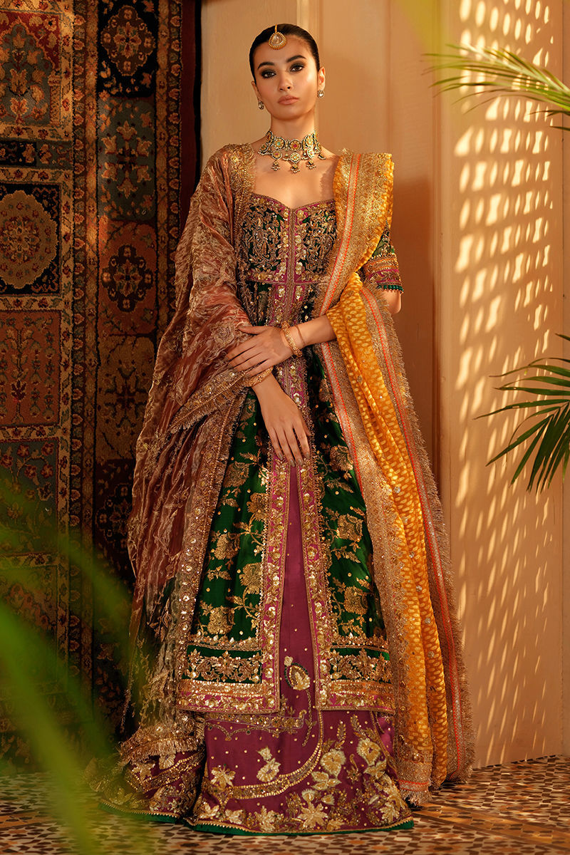 Pakistani Bottle Green & Magenta Handworked Silk Pishwas (3-Piece) - Image 3