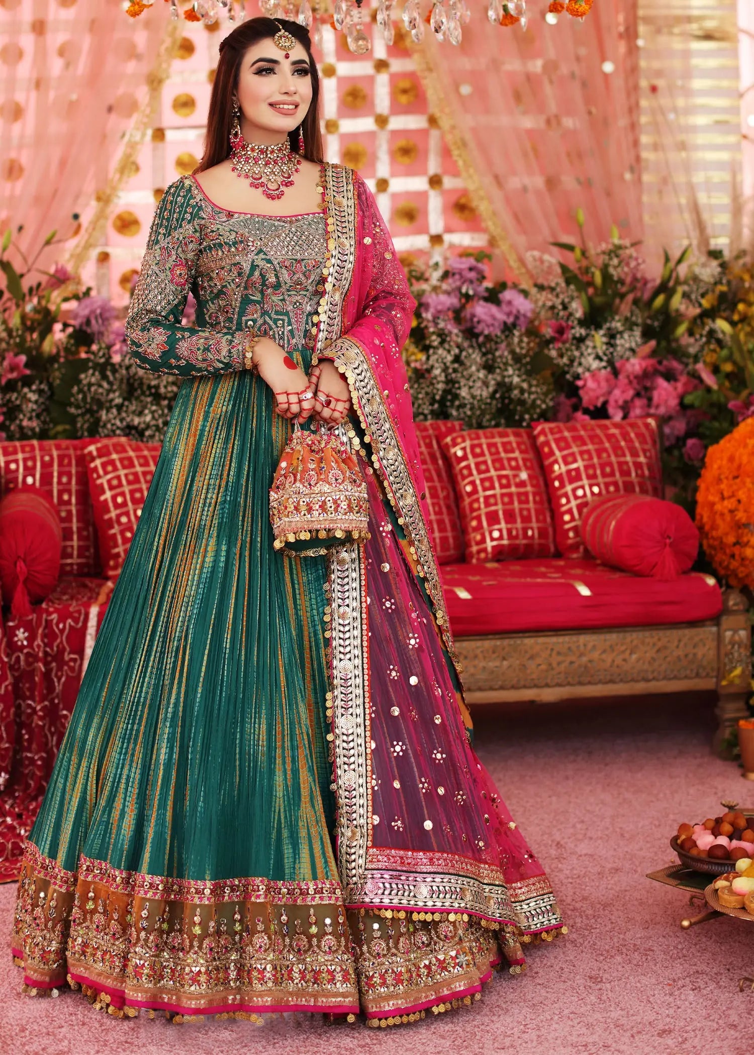 Green & Pink Embroidered Silk Pishwas (3-Piece) - Image 1