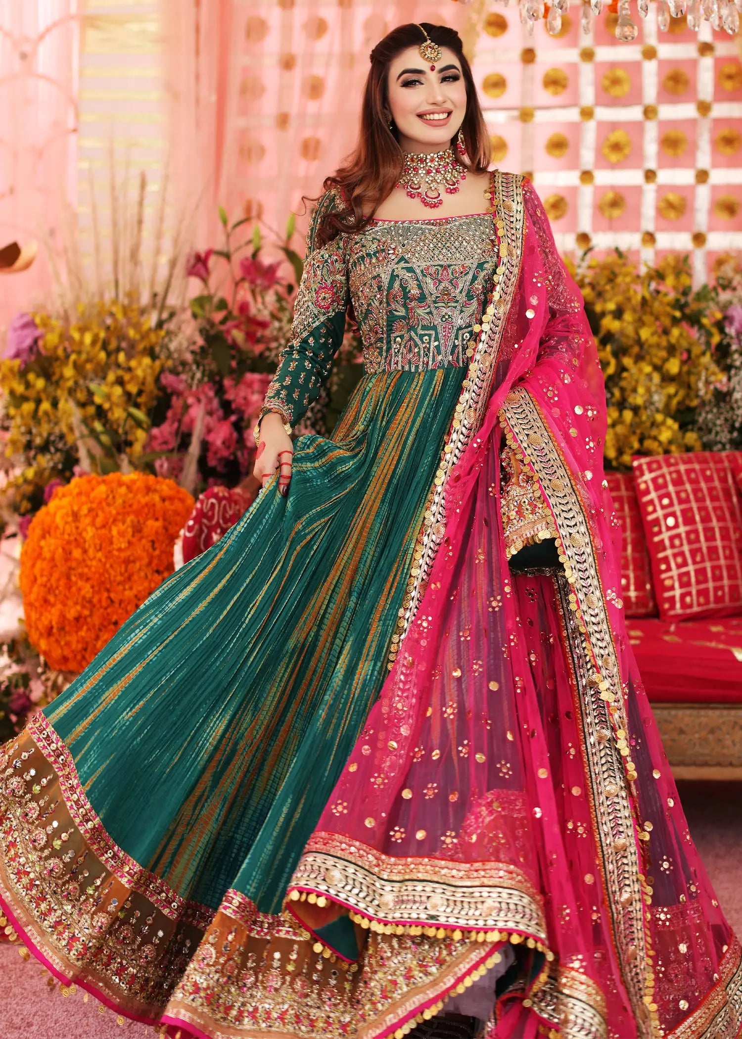 Green & Pink Embroidered Silk Pishwas (3-Piece) - Image 2