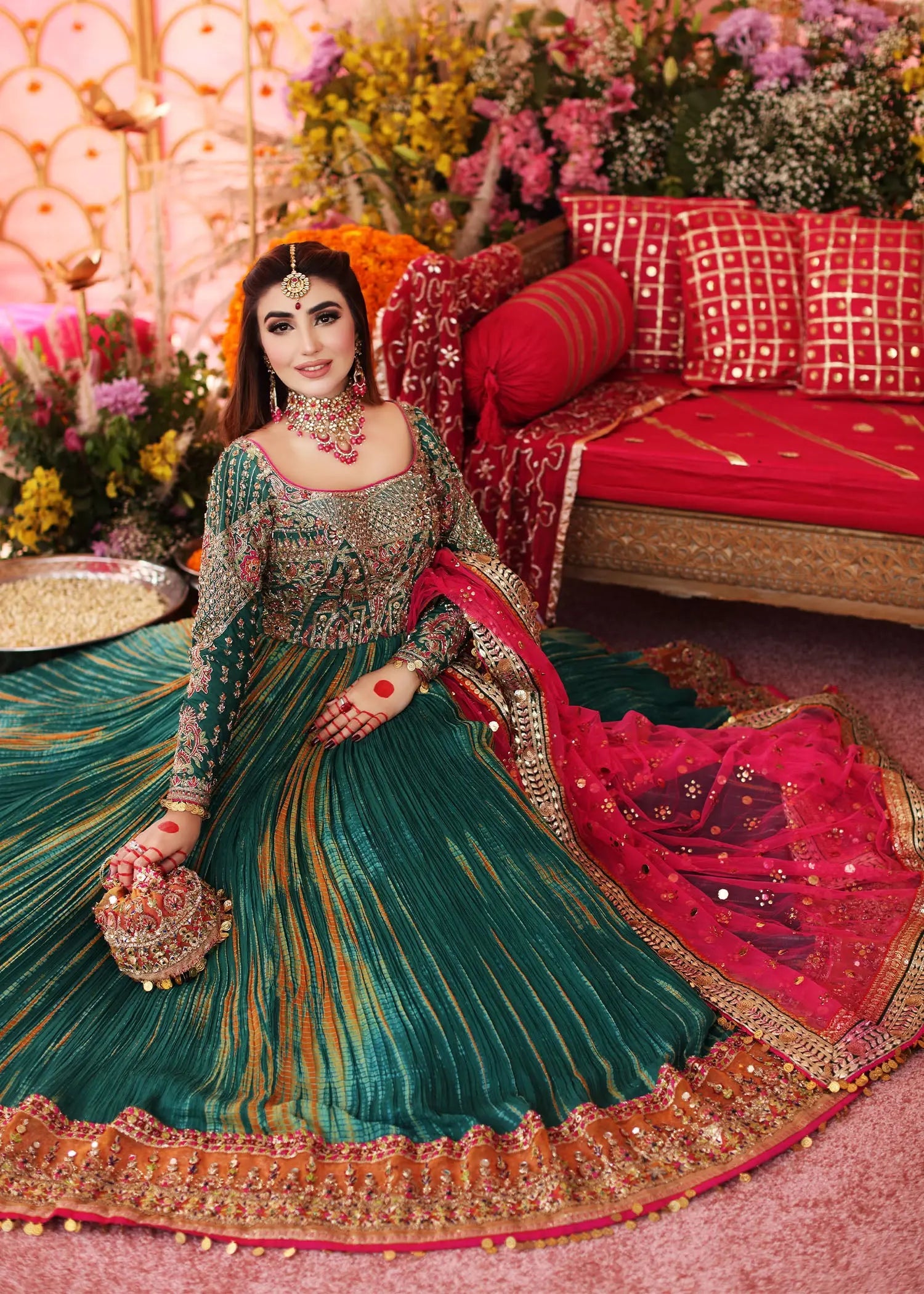 Green & Pink Embroidered Silk Pishwas (3-Piece) - Image 4