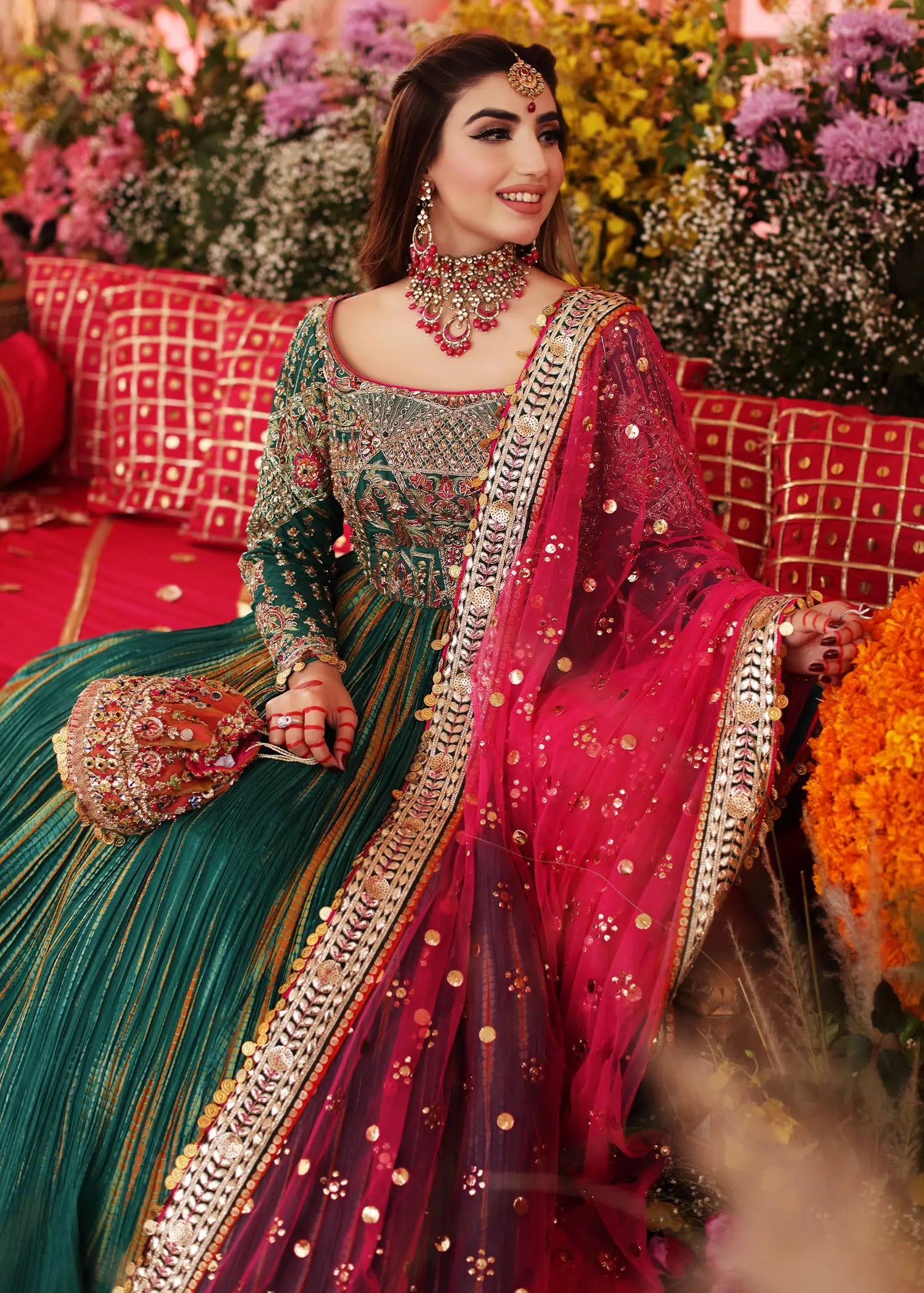 Green & Pink Embroidered Silk Pishwas (3-Piece) - Image 5