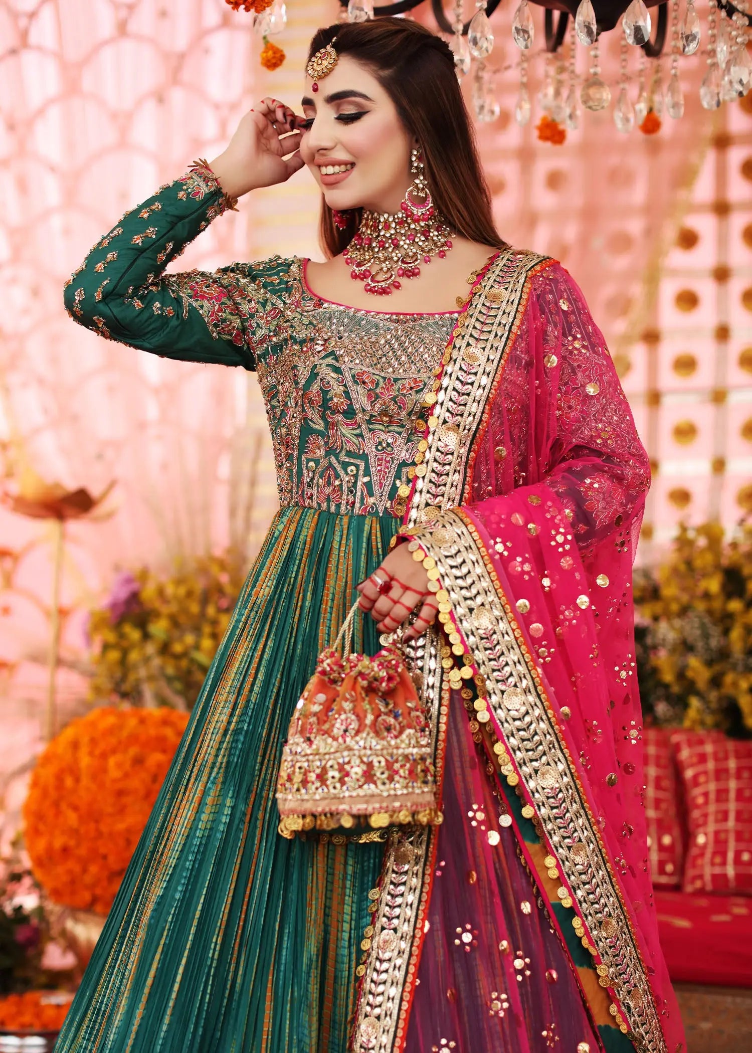 Green & Pink Embroidered Silk Pishwas (3-Piece) - Image 8