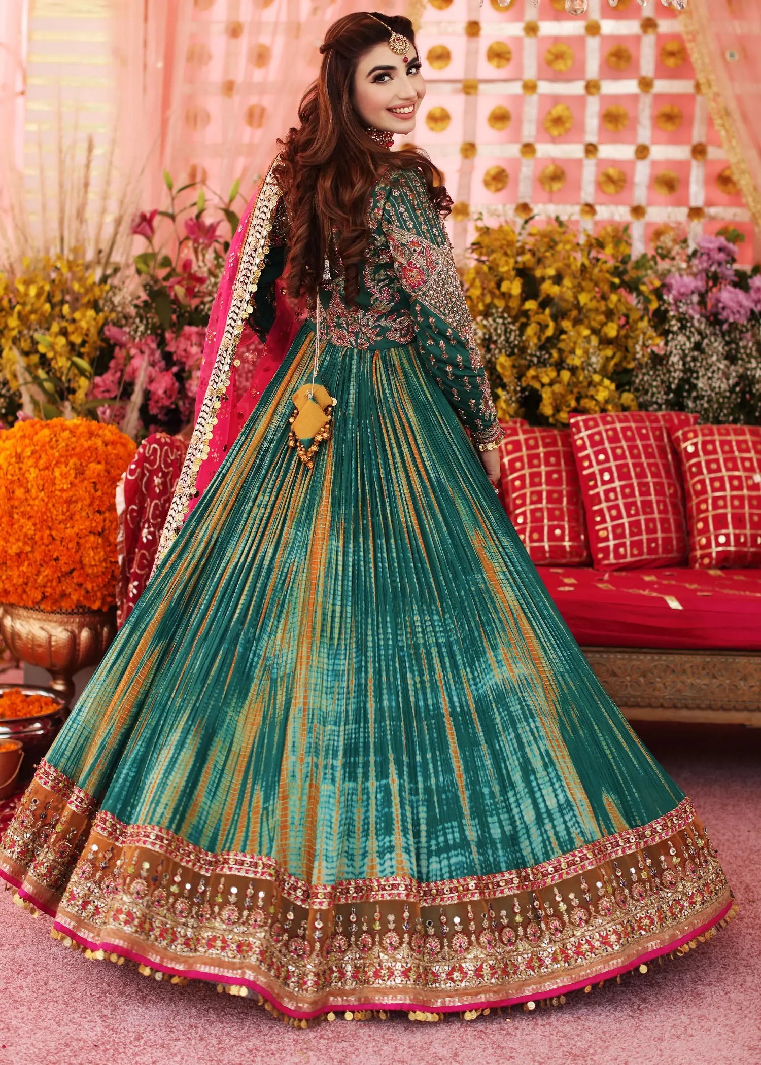 Green & Pink Embroidered Silk Pishwas (3-Piece) - Image 9