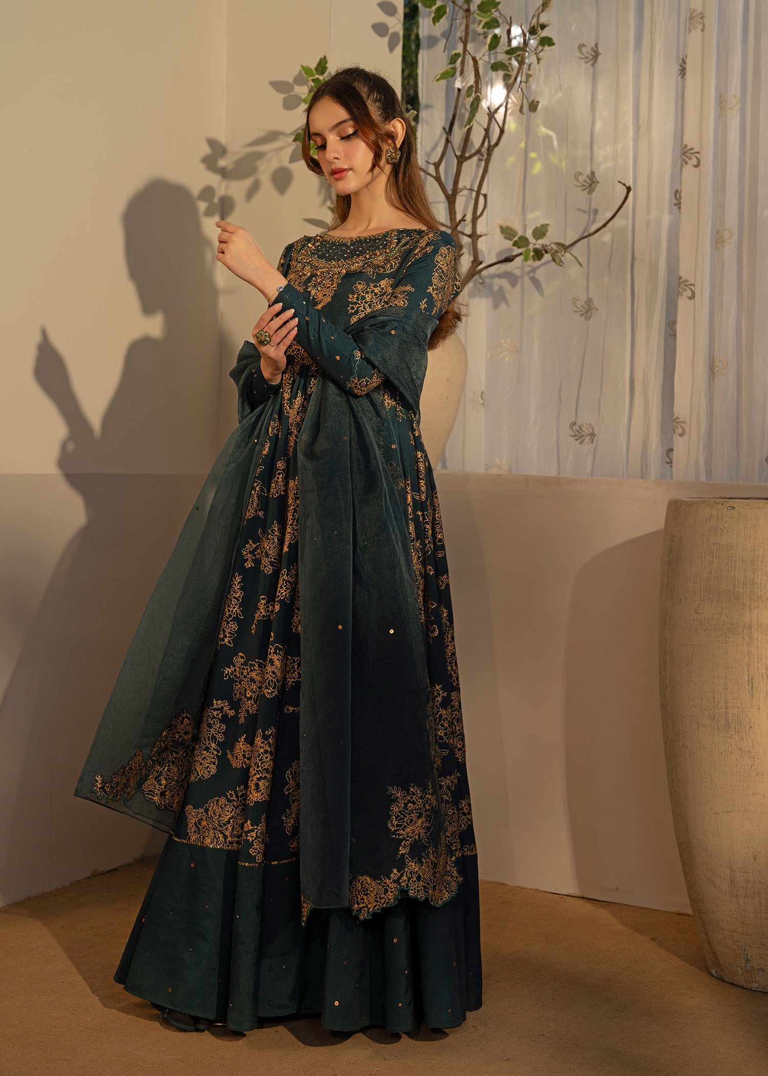 Teal Green Embroidered Thai Silk Pishwas (3-Piece) - Image 1