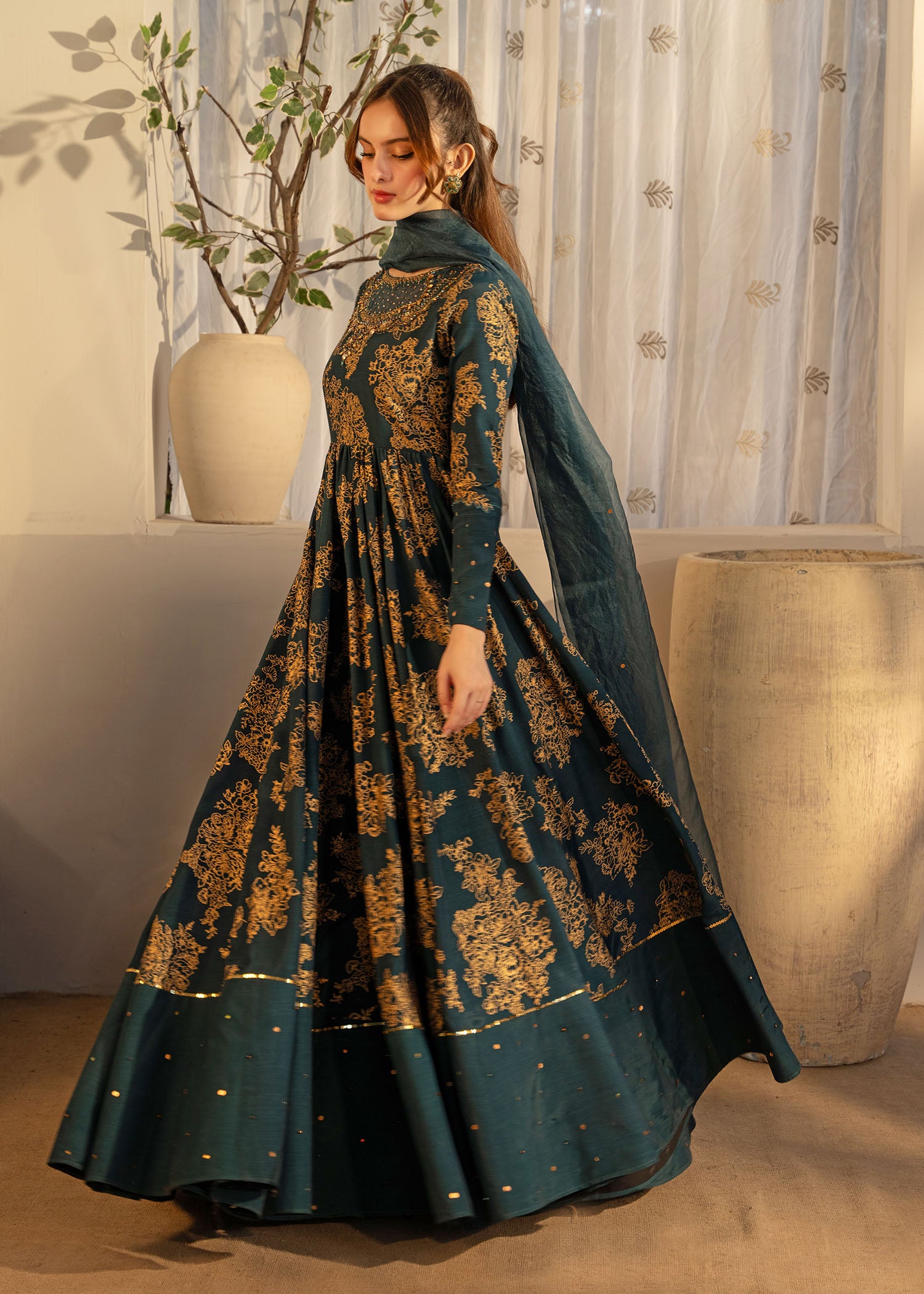 Teal Green Embroidered Thai Silk Pishwas (3-Piece) - Image 10