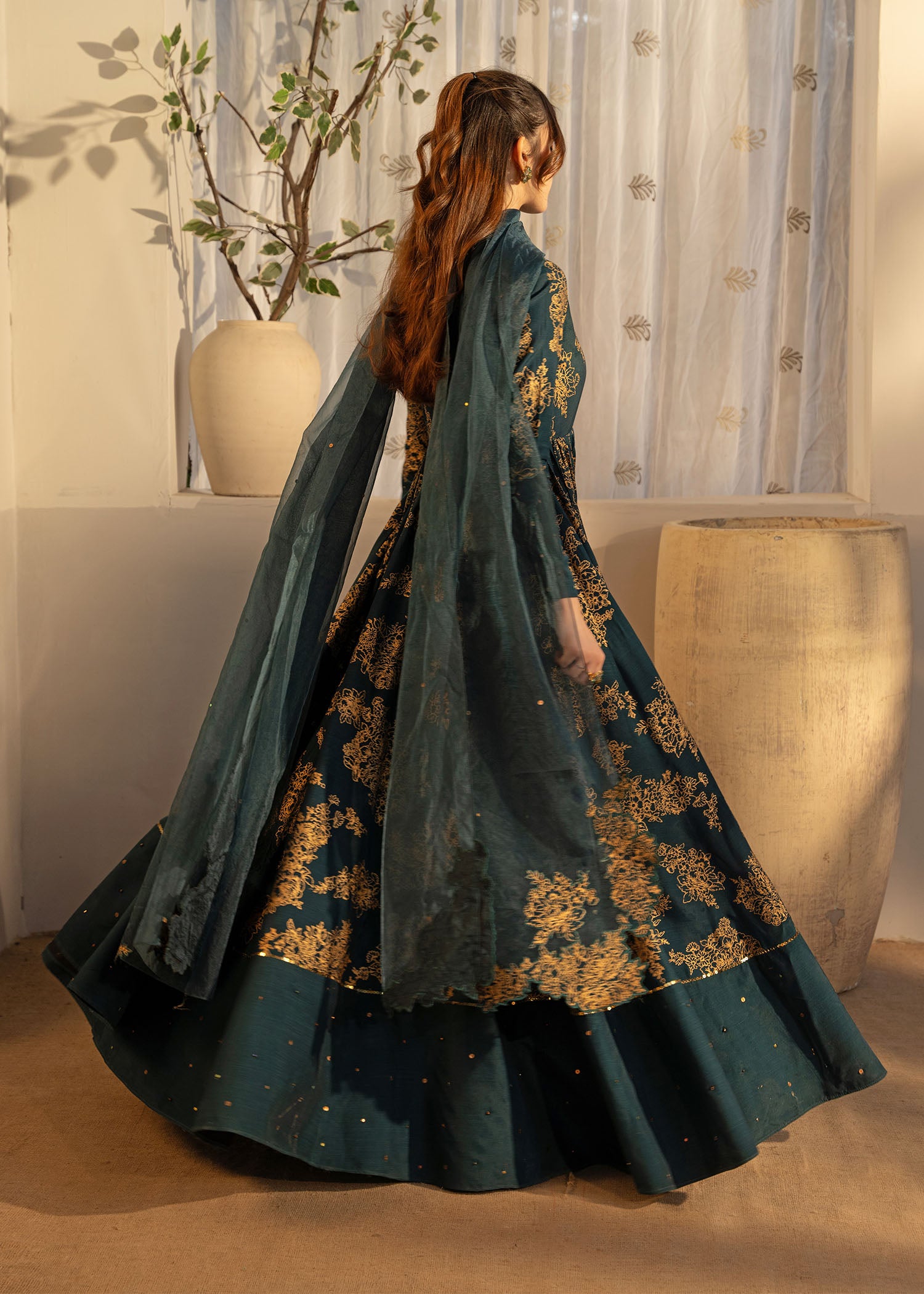 Teal Green Embroidered Thai Silk Pishwas (3-Piece) - Image 11