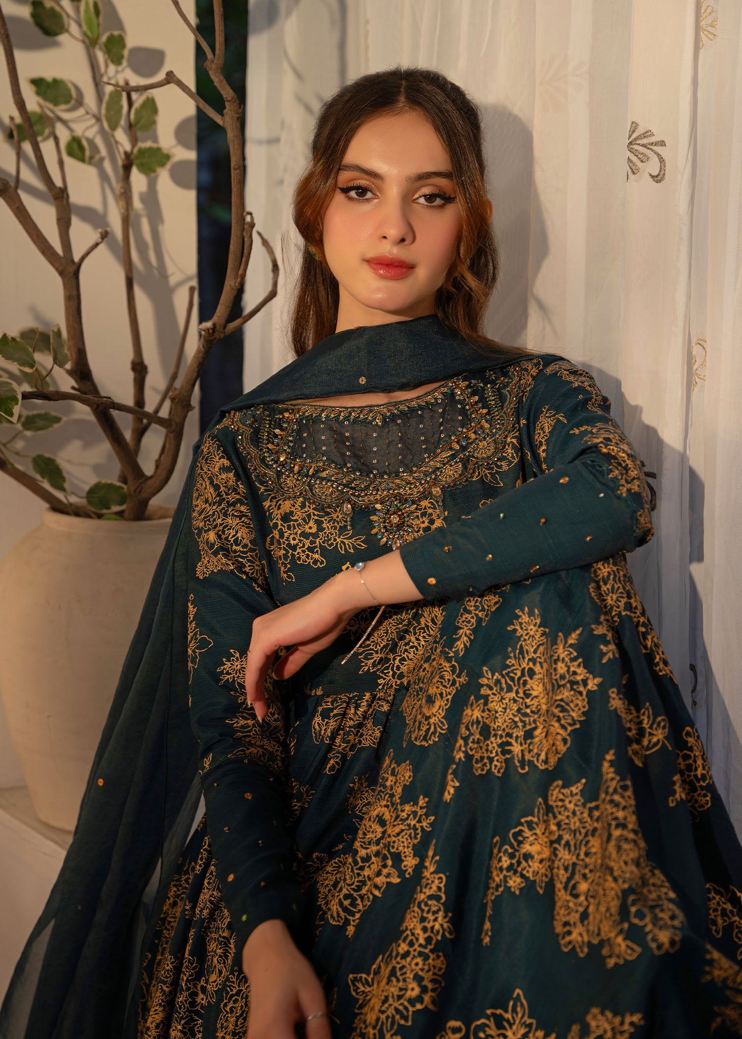 Teal Green Embroidered Thai Silk Pishwas (3-Piece) - Image 2