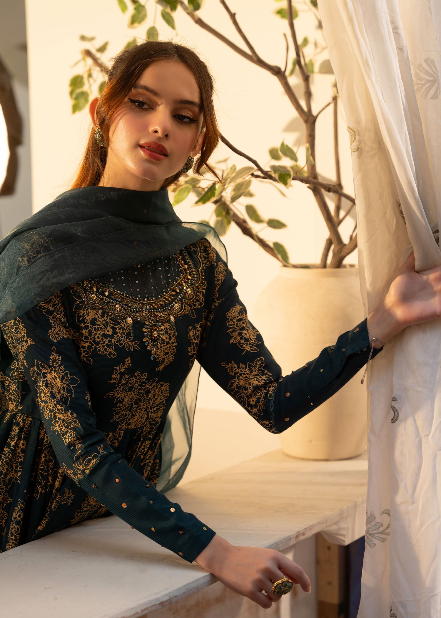 Teal Green Embroidered Thai Silk Pishwas (3-Piece) - Image 3