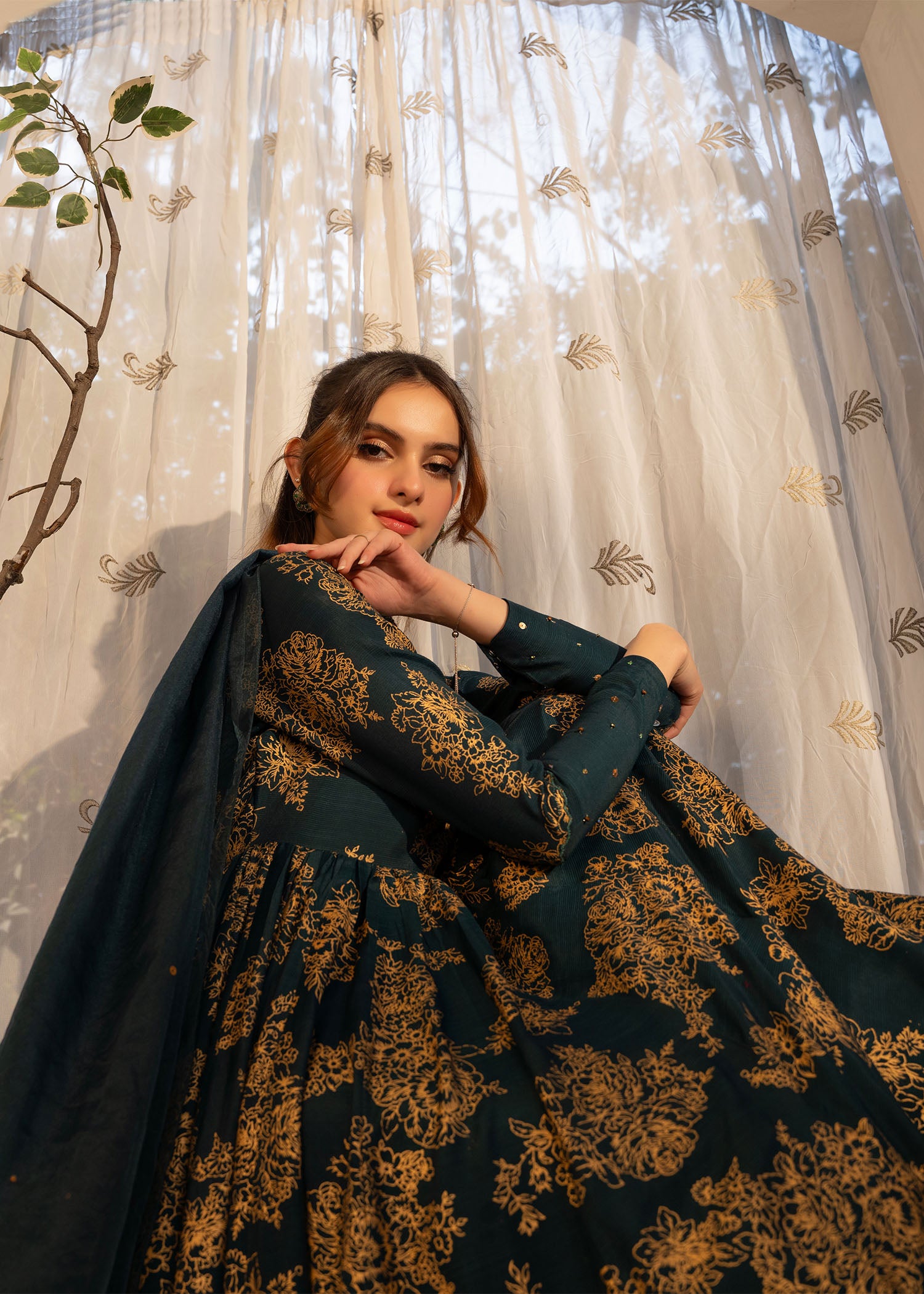 Teal Green Embroidered Thai Silk Pishwas (3-Piece) - Image 4