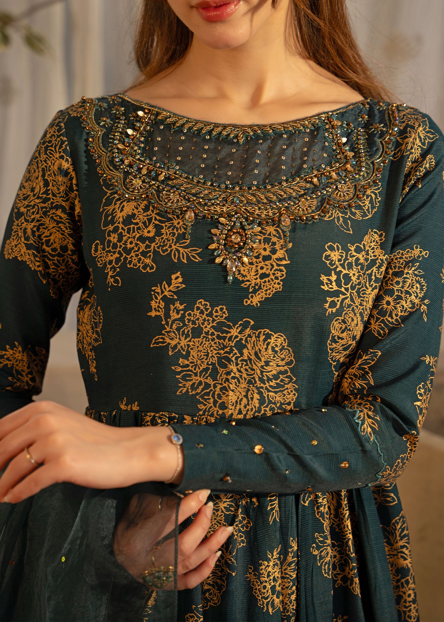 Teal Green Embroidered Thai Silk Pishwas (3-Piece) - Image 5