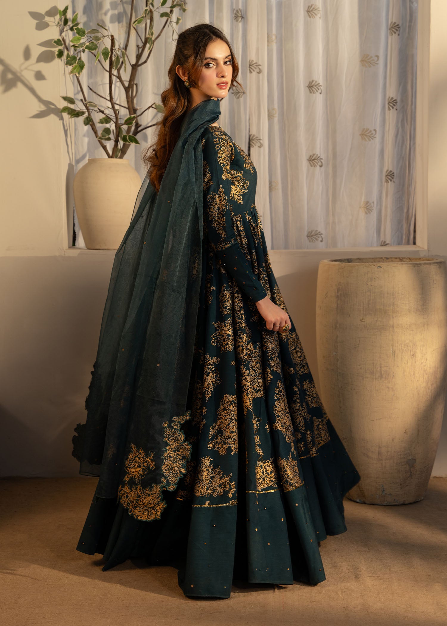 Teal Green Embroidered Thai Silk Pishwas (3-Piece) - Image 6