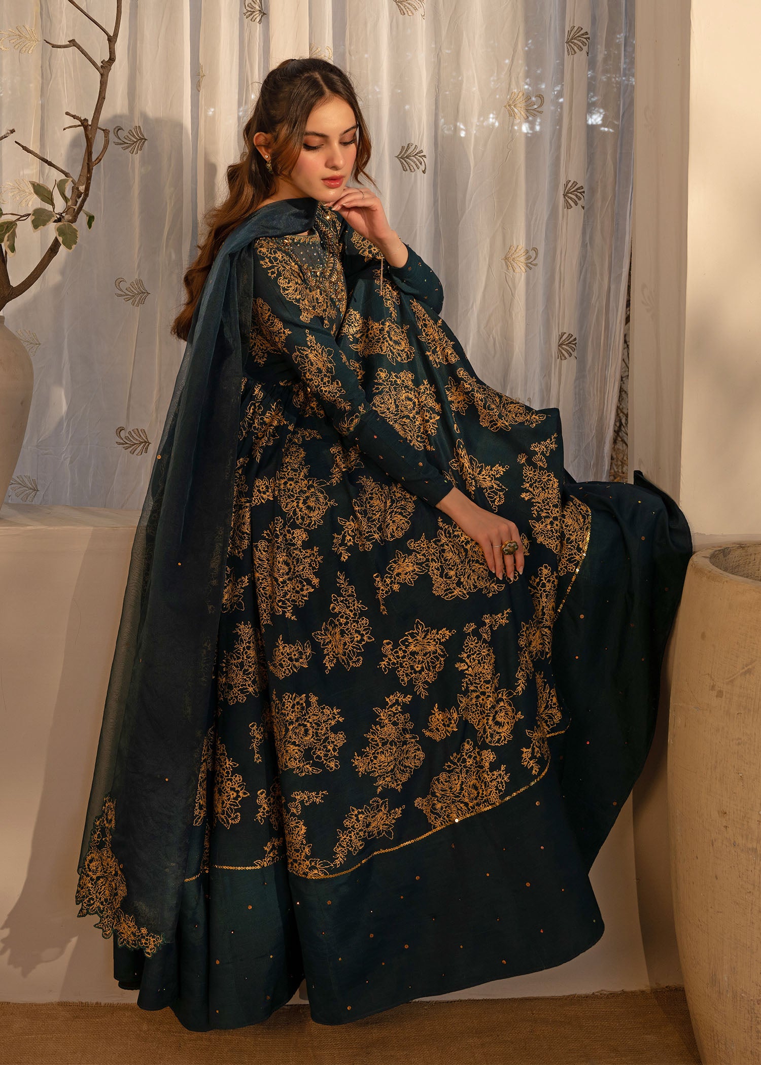 Teal Green Embroidered Thai Silk Pishwas (3-Piece) - Image 7