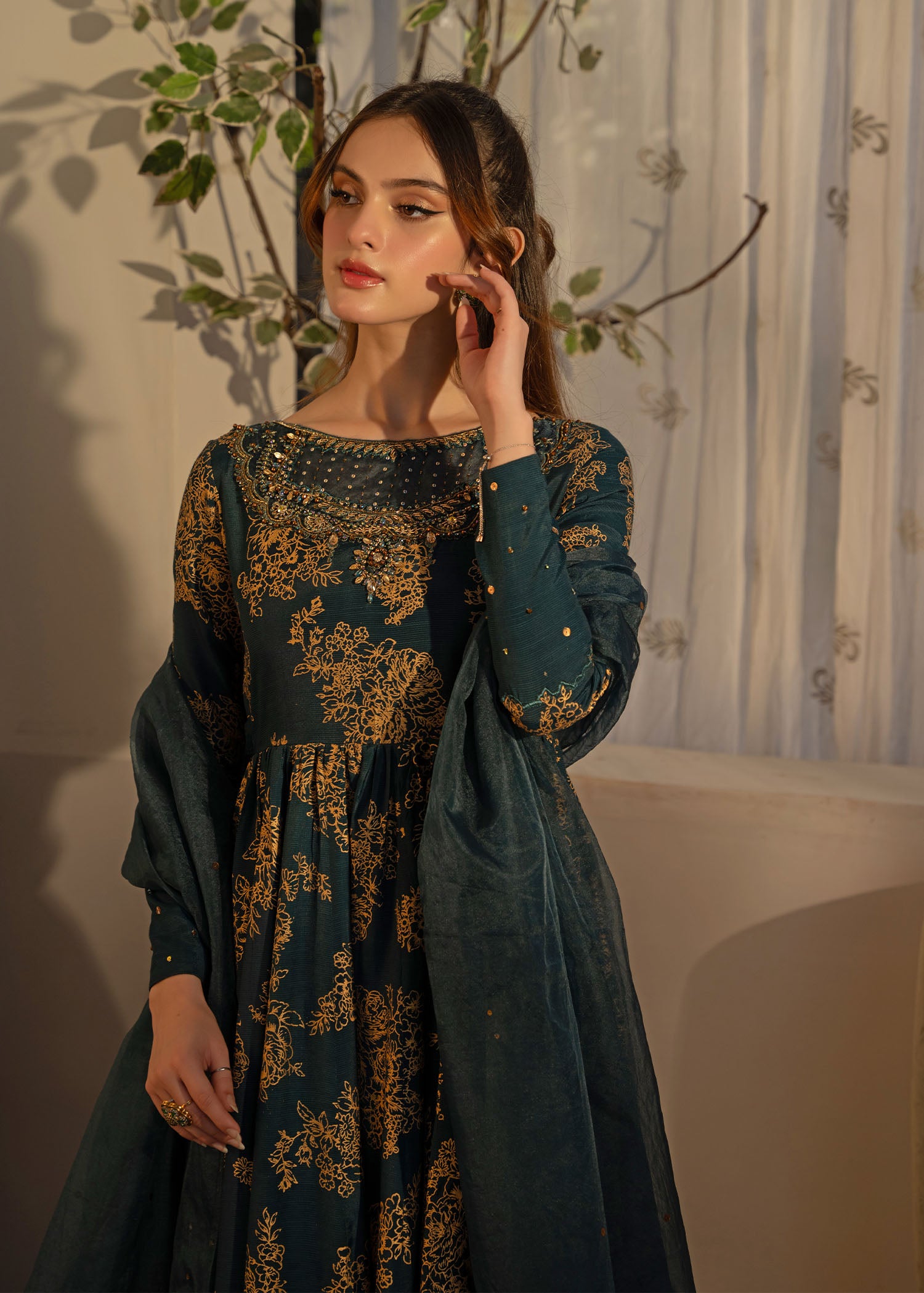 Teal Green Embroidered Thai Silk Pishwas (3-Piece) - Image 8