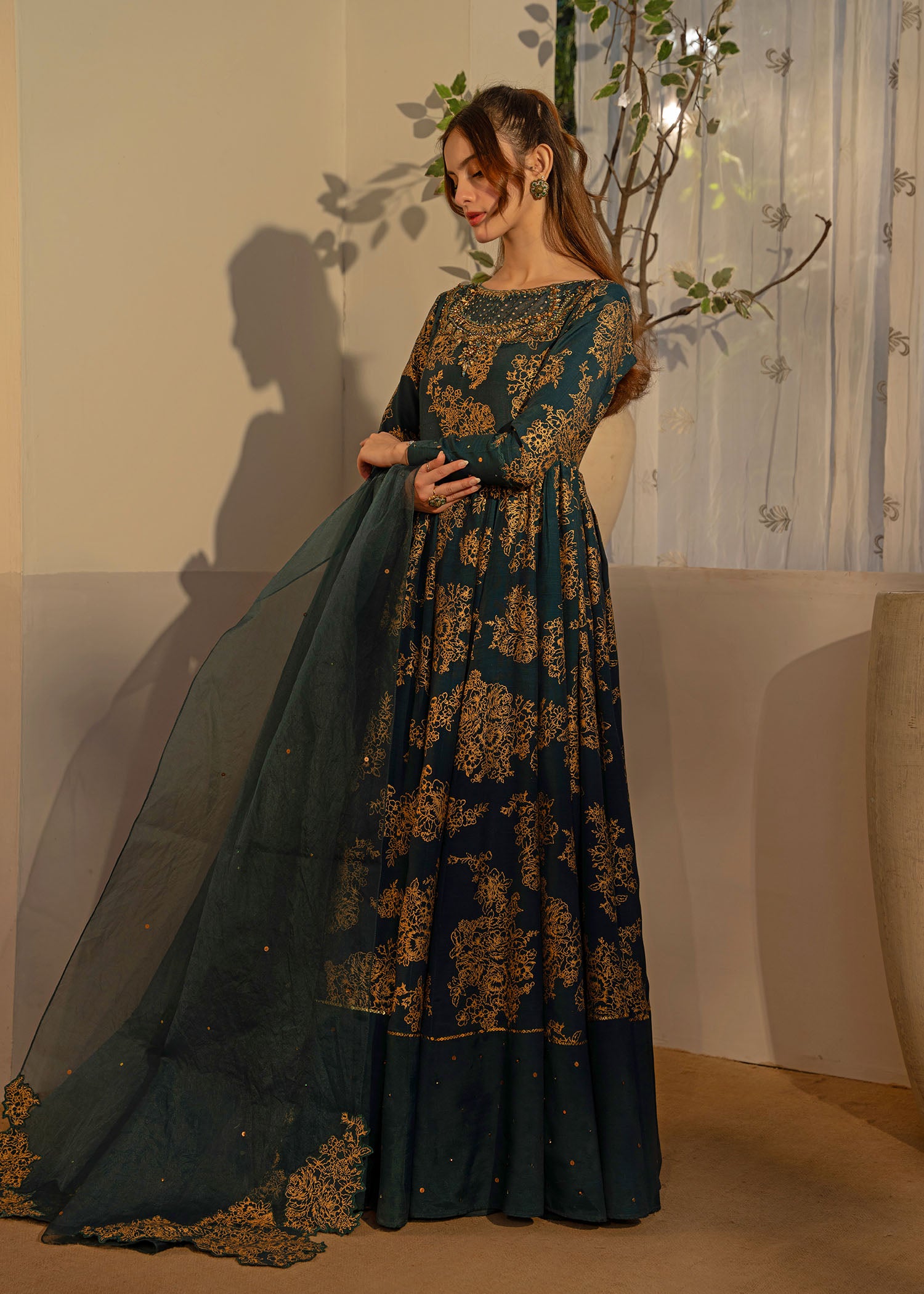 Teal Green Embroidered Thai Silk Pishwas (3-Piece) - Image 9