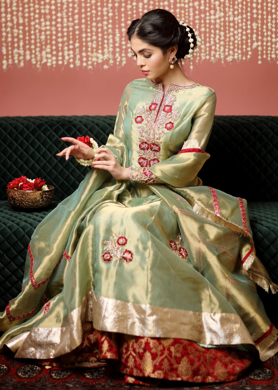 Pakistani Pistachio Green Embroidered Tissue Brocade Pishwas (3-Piece) - Image 4