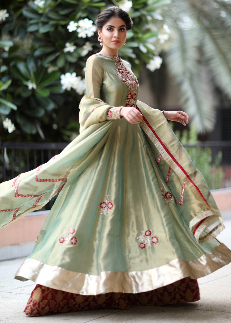 Pistachio Green Embroidered Tissue & Brocade Pishwas (2-Piece) - Image 1