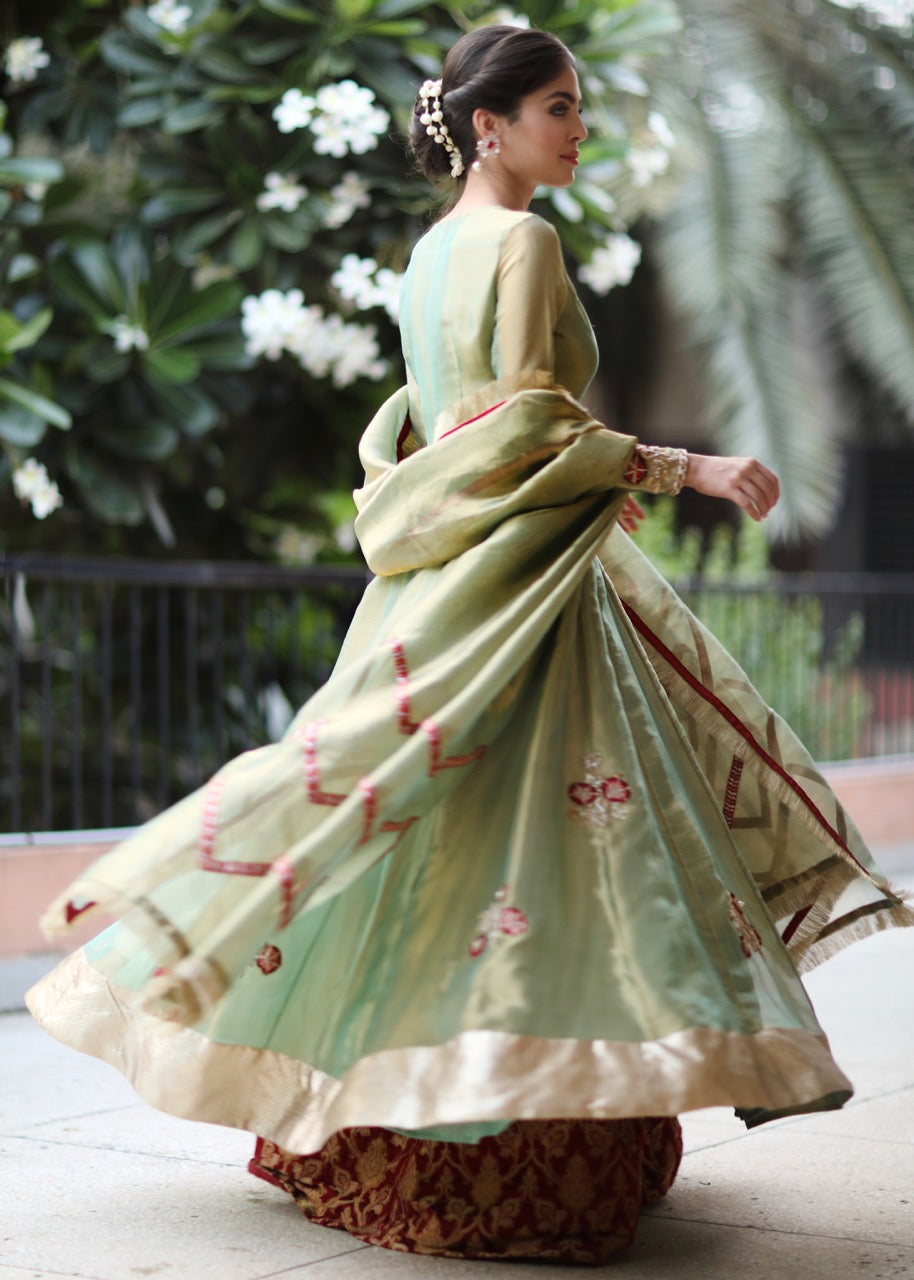 Pistachio Green Embroidered Tissue & Brocade Pishwas (2-Piece) - Image 3