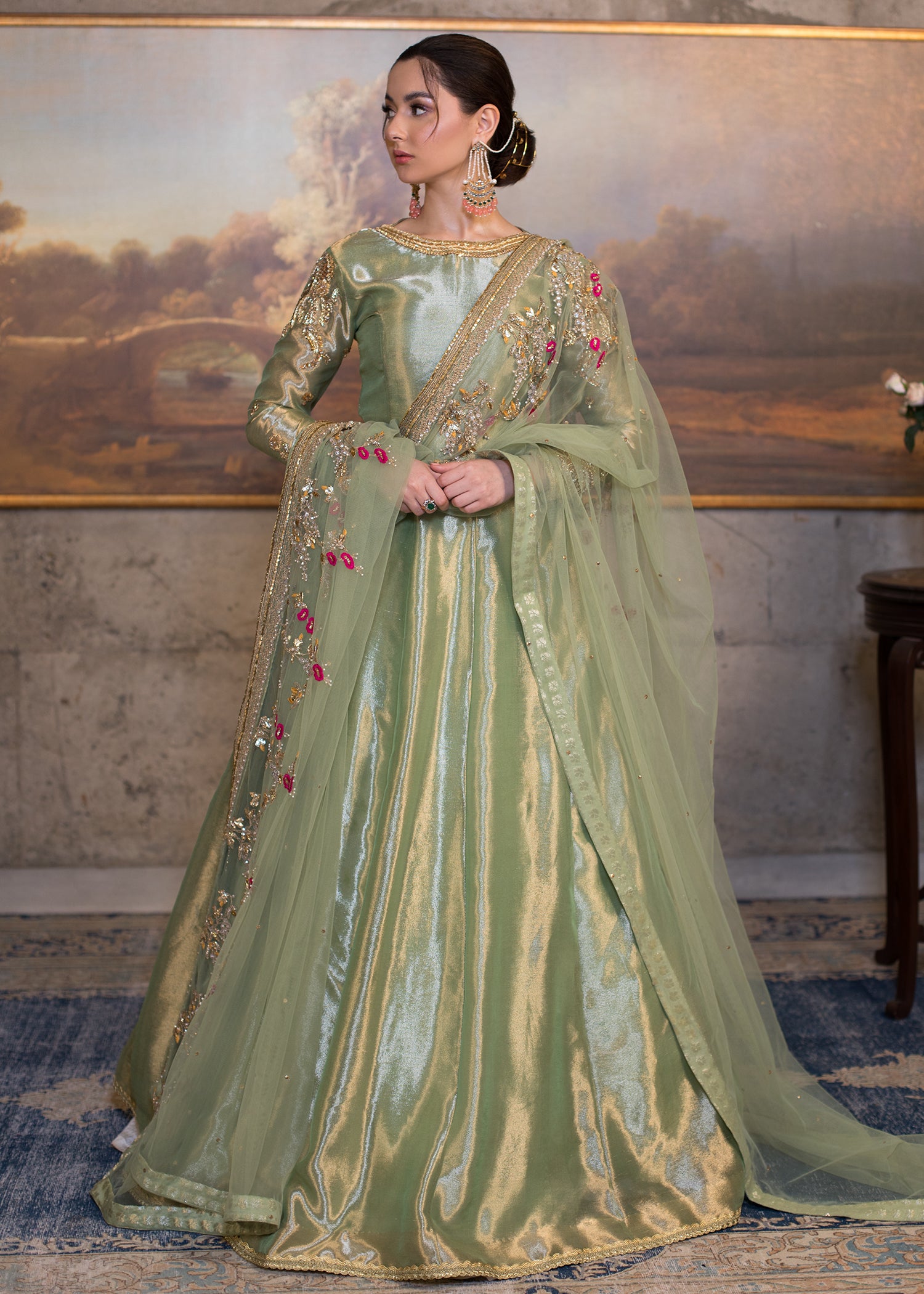 Pakistani Grape Green Embroidered Tissue Pishwas Dress (2-Piece) - Image 2