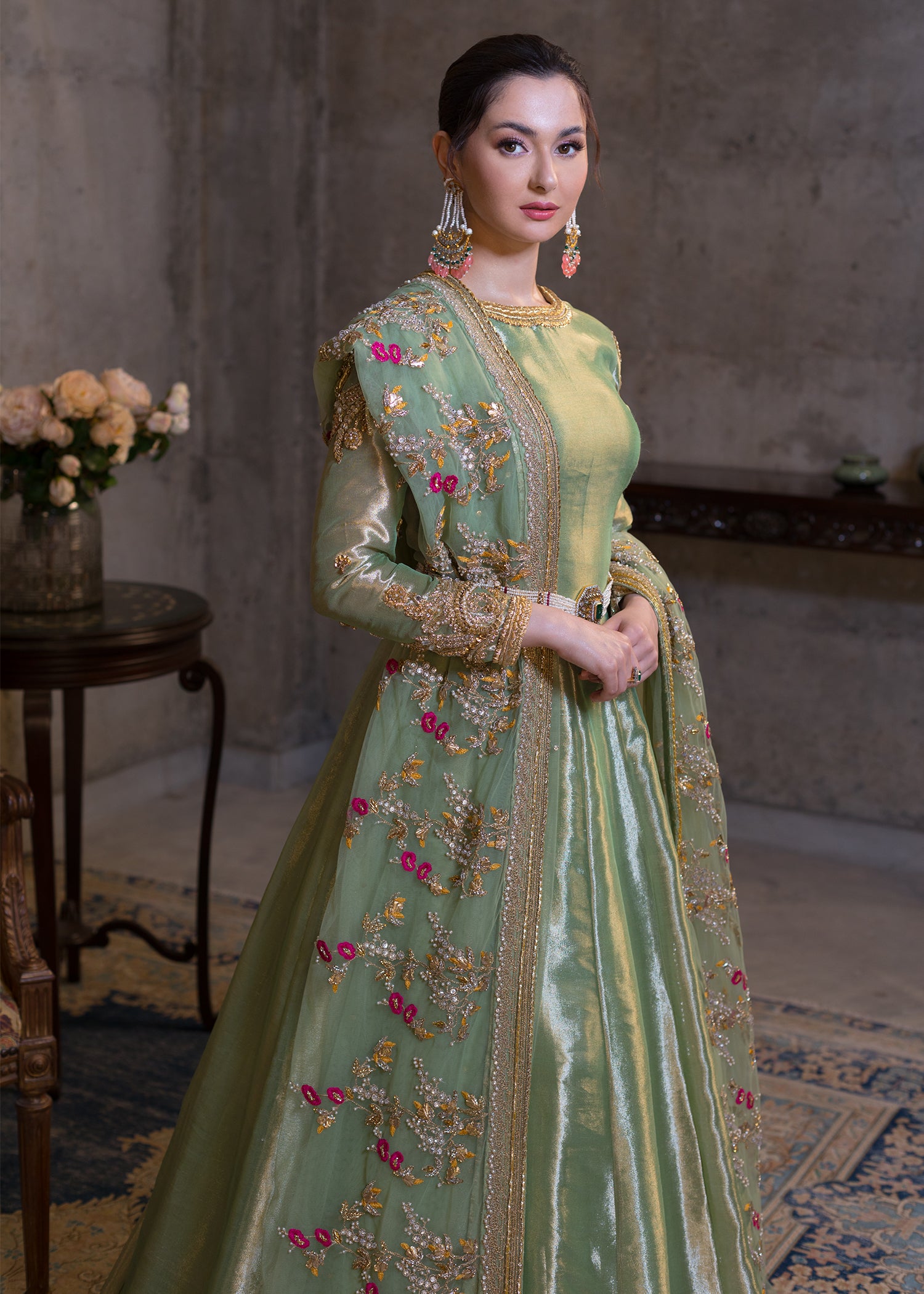 Pakistani Grape Green Embroidered Tissue Pishwas Dress (2-Piece) - Image 3