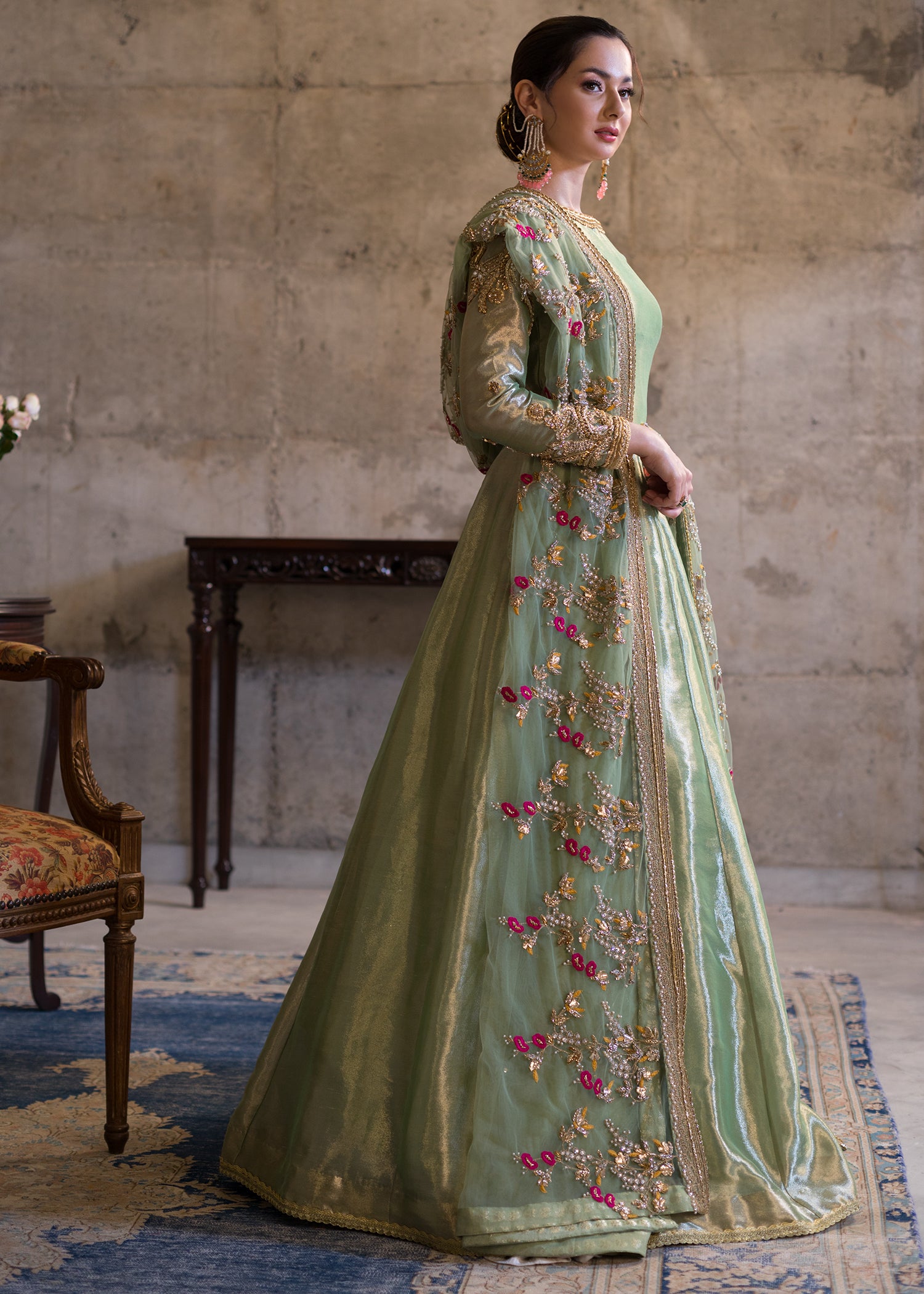 Pakistani Grape Green Embroidered Tissue Pishwas Dress (2-Piece) - Image 4