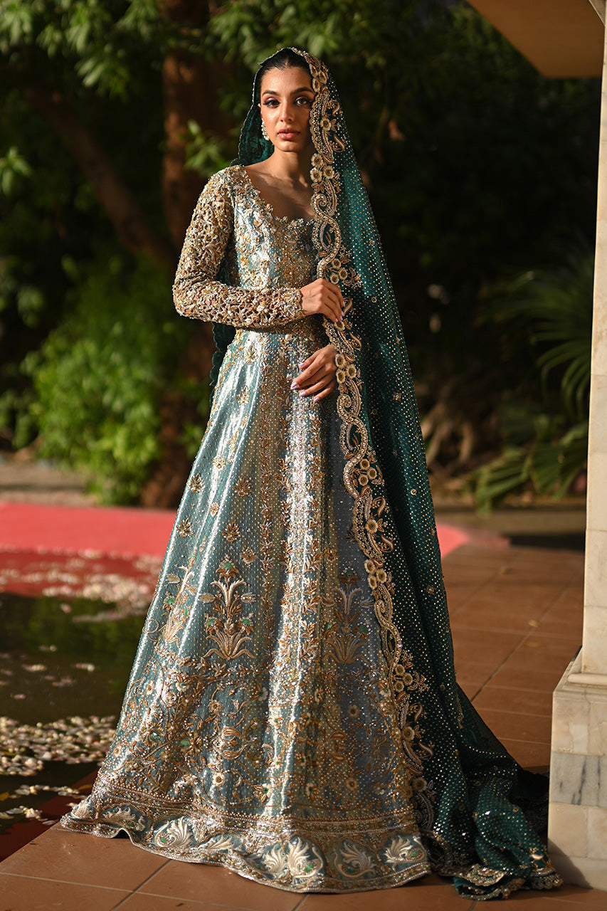 Pakistani Mint Green Zardozi Tissue Pishwas Dress (2-Piece) - Image 2