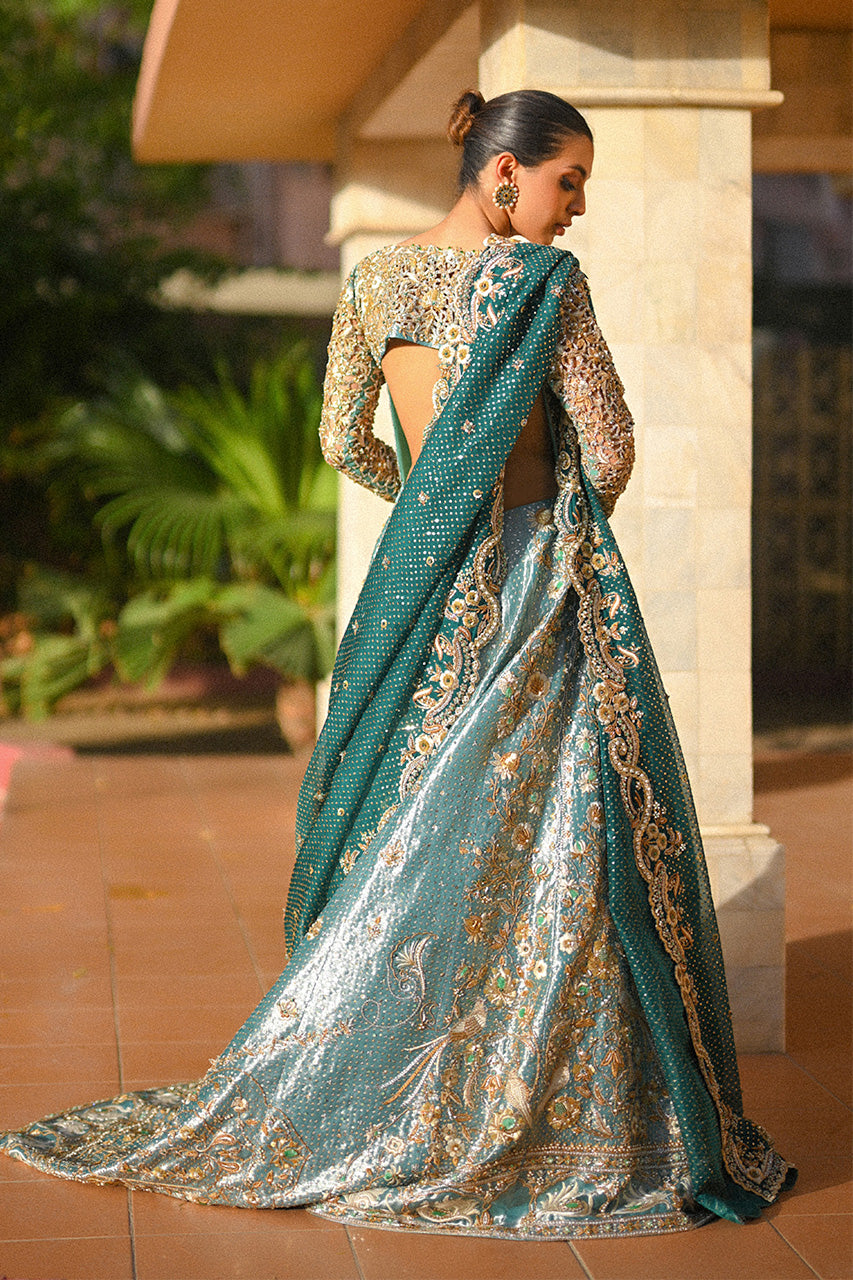 Pakistani Mint Green Zardozi Tissue Pishwas Dress (2-Piece) - Image 3