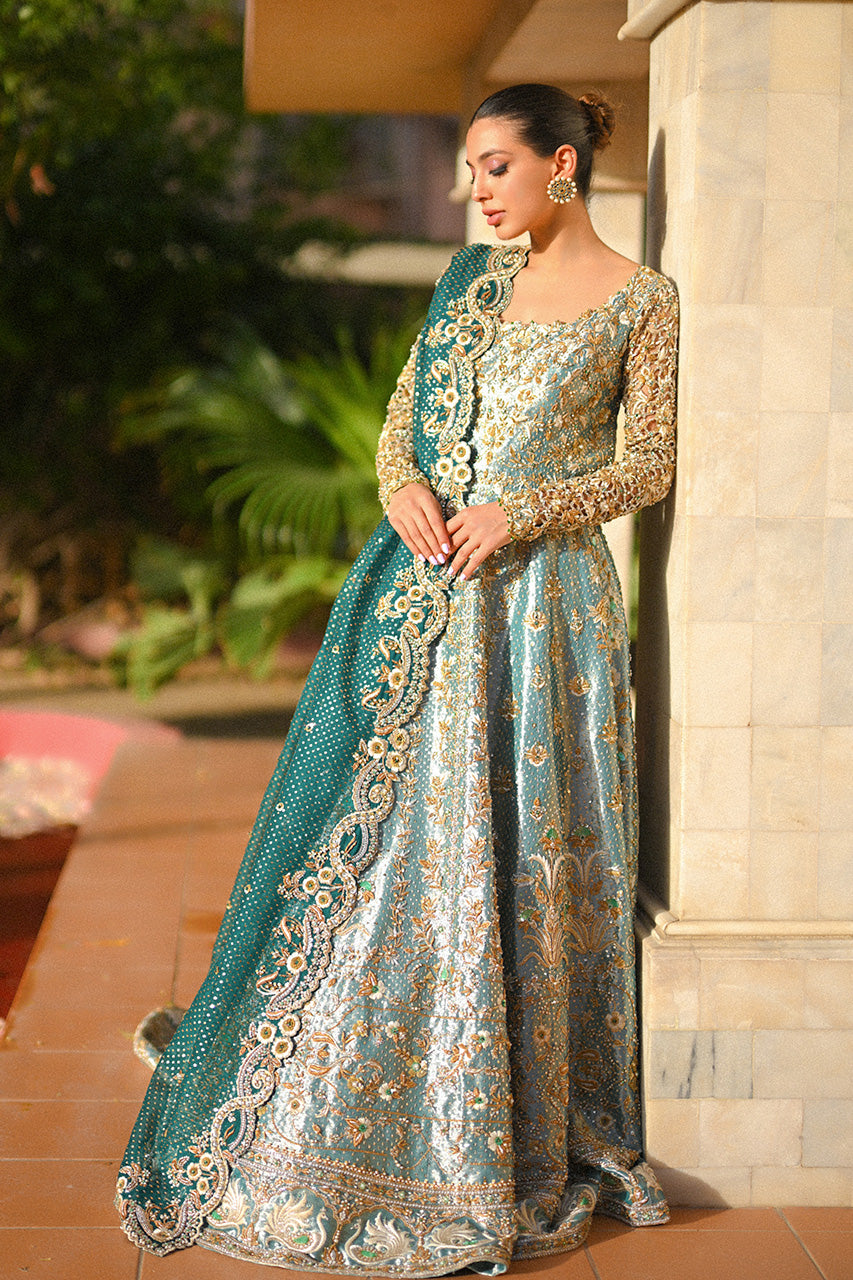 Pakistani Mint Green Zardozi Tissue Pishwas Dress (2-Piece) - Image 4