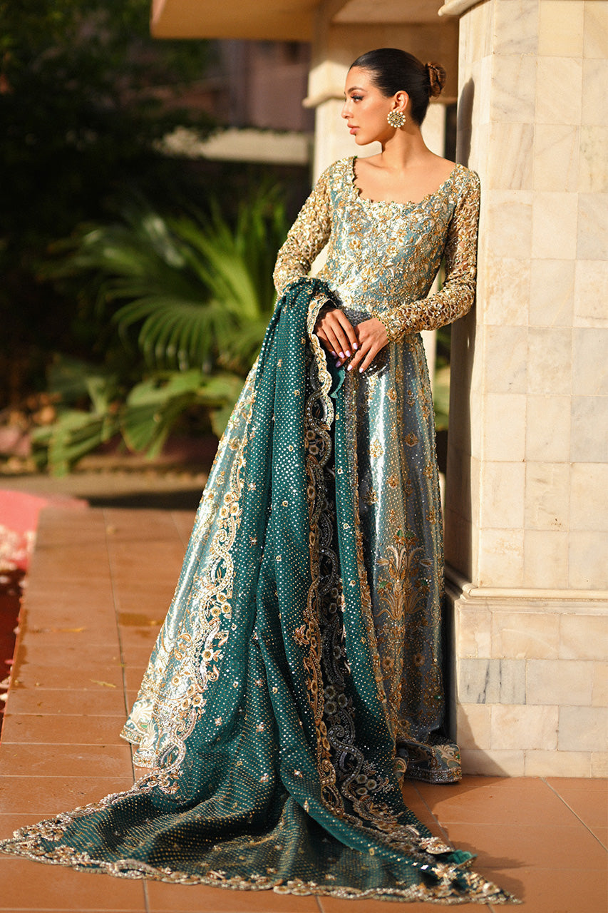 Pakistani Mint Green Zardozi Tissue Pishwas Dress (2-Piece) - Image 5