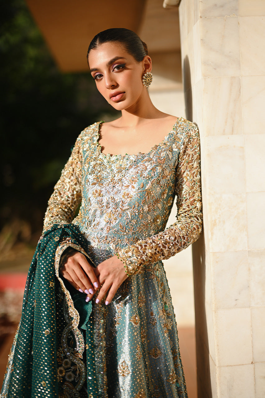 Pakistani Mint Green Zardozi Tissue Pishwas Dress (2-Piece) - Image 6