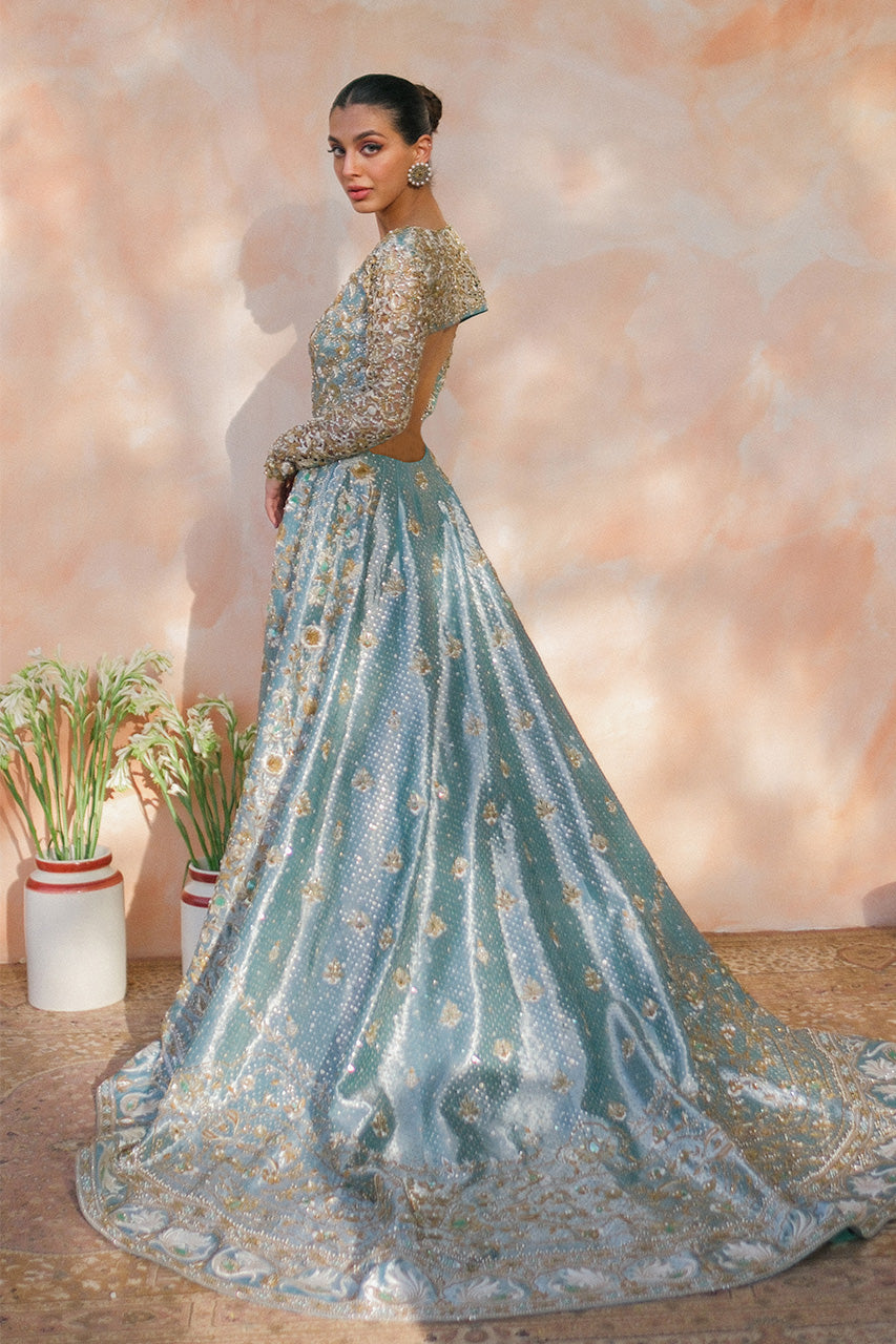 Pakistani Mint Green Zardozi Tissue Pishwas Dress (2-Piece) - Image 8