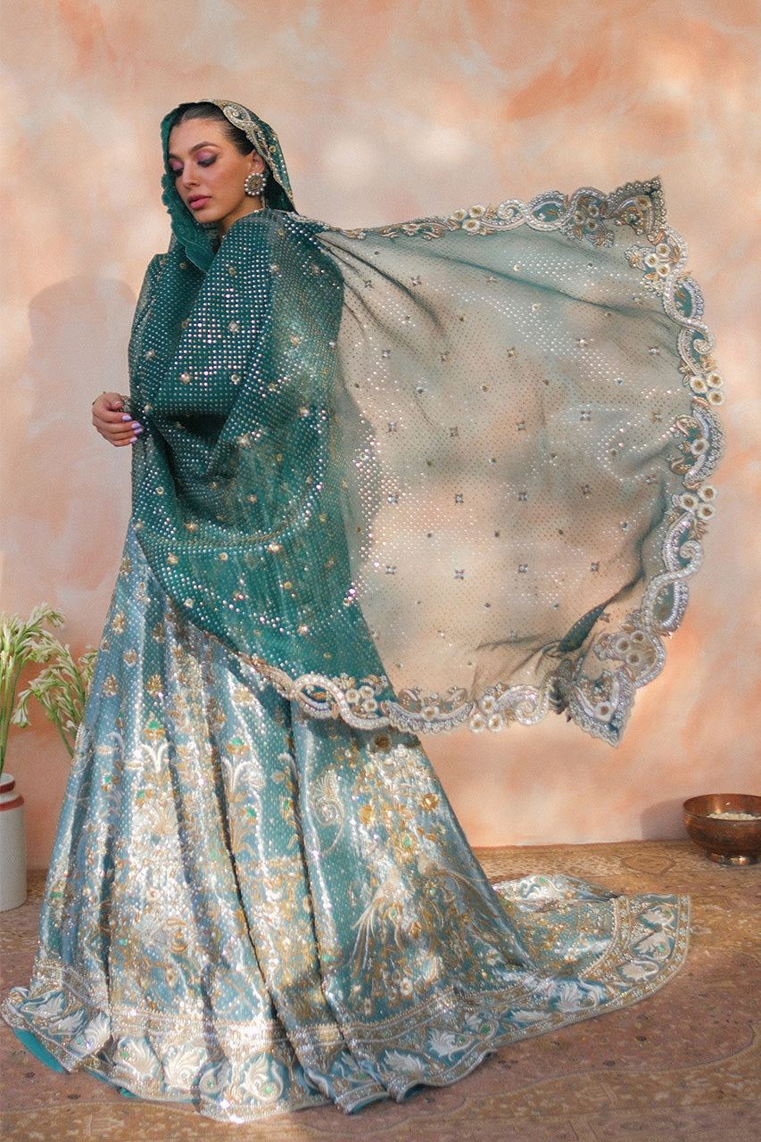Pakistani Mint Green Zardozi Tissue Pishwas Dress (2-Piece) - Image 9