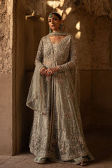 Pakistani Mint Green Zardozi Tissue Silk Pishwas (3-Piece) - Image 2