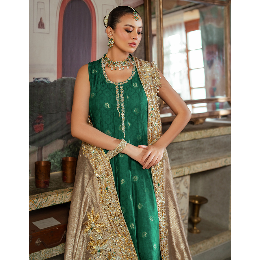 Pakistani Jade Green Zardozi Pure Tissue Pishwas (2-Piece) - Image 2