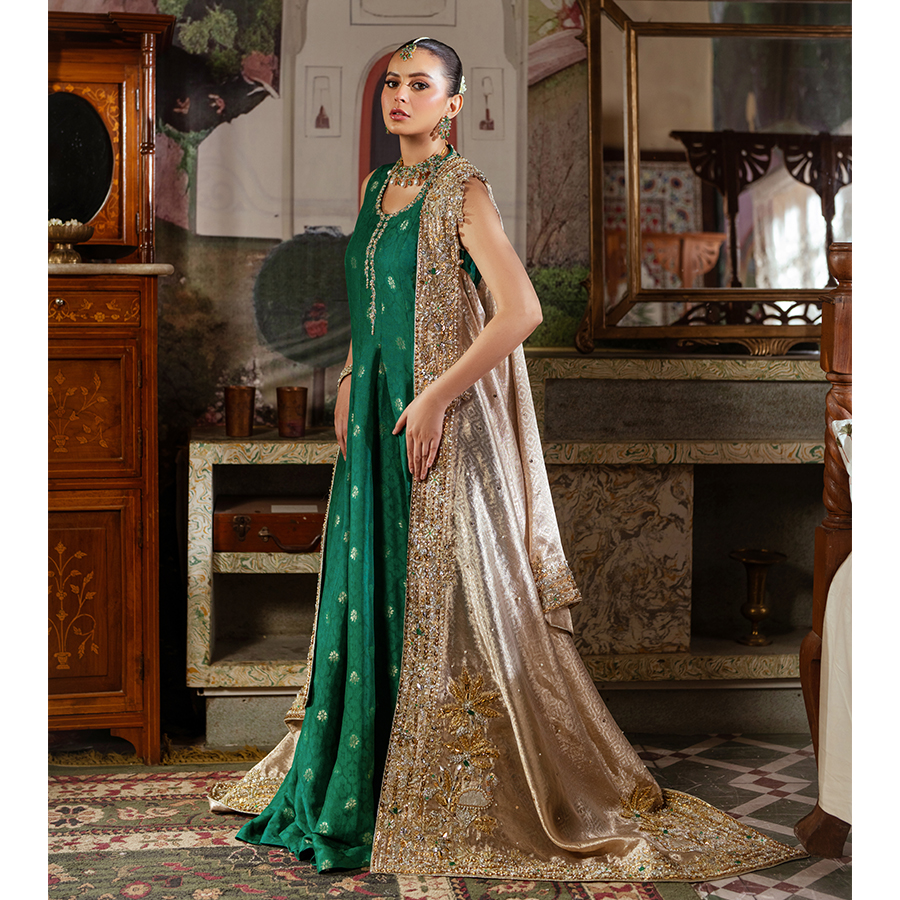 Pakistani Jade Green Zardozi Pure Tissue Pishwas (2-Piece) - Image 3