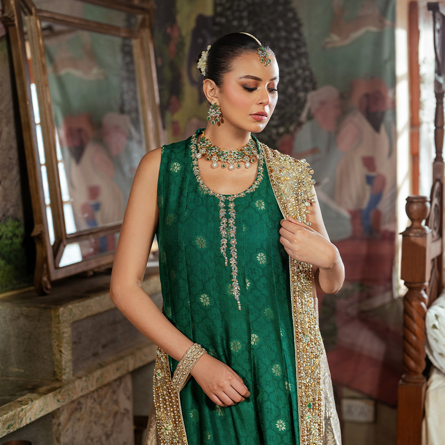 Pakistani Jade Green Zardozi Pure Tissue Pishwas (2-Piece) - Image 4