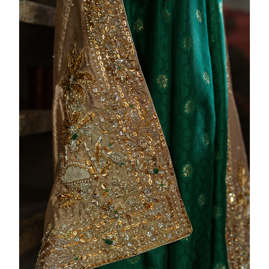 Pakistani Jade Green Zardozi Pure Tissue Pishwas (2-Piece) - Image 5