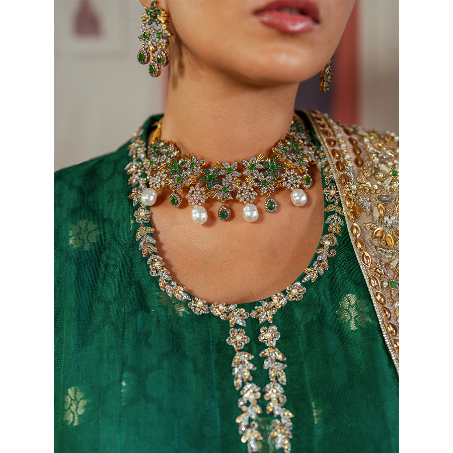 Pakistani Jade Green Zardozi Pure Tissue Pishwas (2-Piece) - Image 6