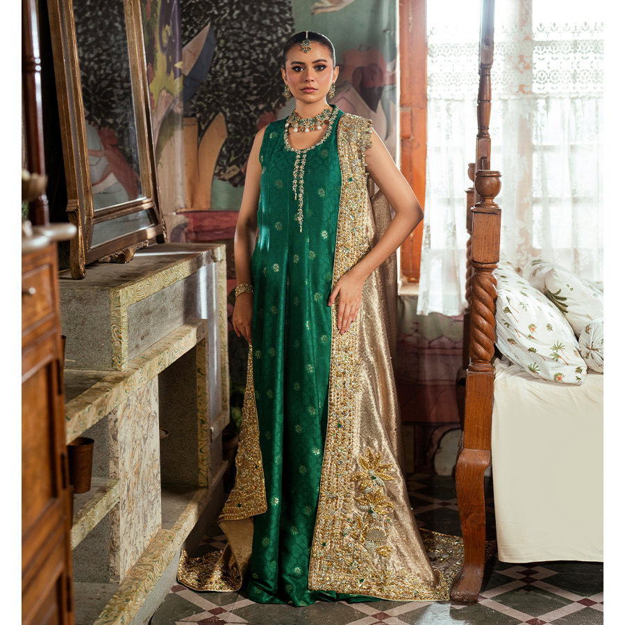 Pakistani Jade Green Zardozi Pure Tissue Pishwas (2-Piece) - Image 7