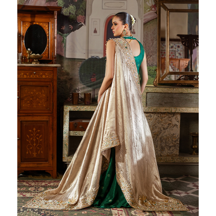 Pakistani Jade Green Zardozi Pure Tissue Pishwas (2-Piece) - Image 8