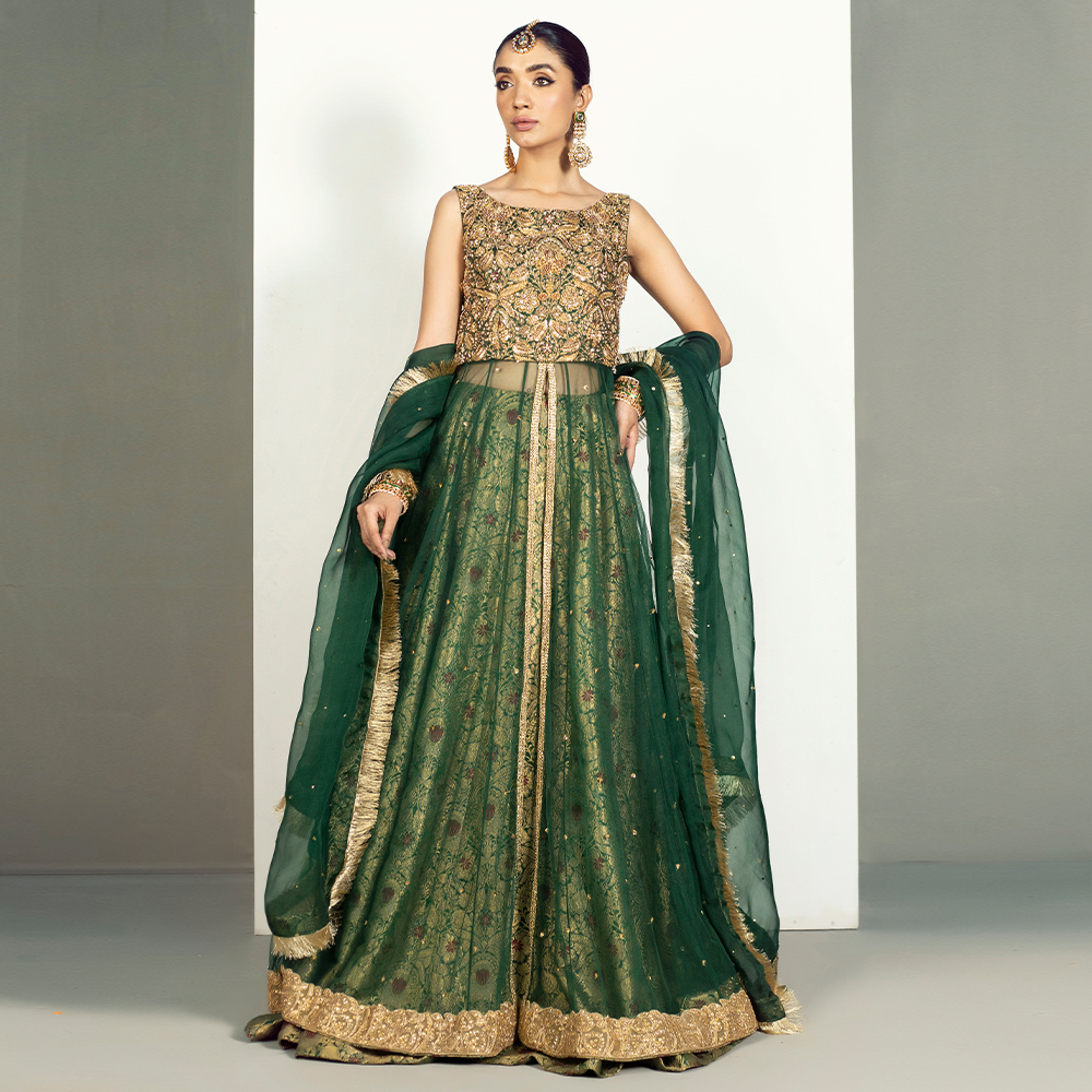 Pakistani Emerald Zardozi Tulle Pishwas Dress (3-Piece) - Image 1